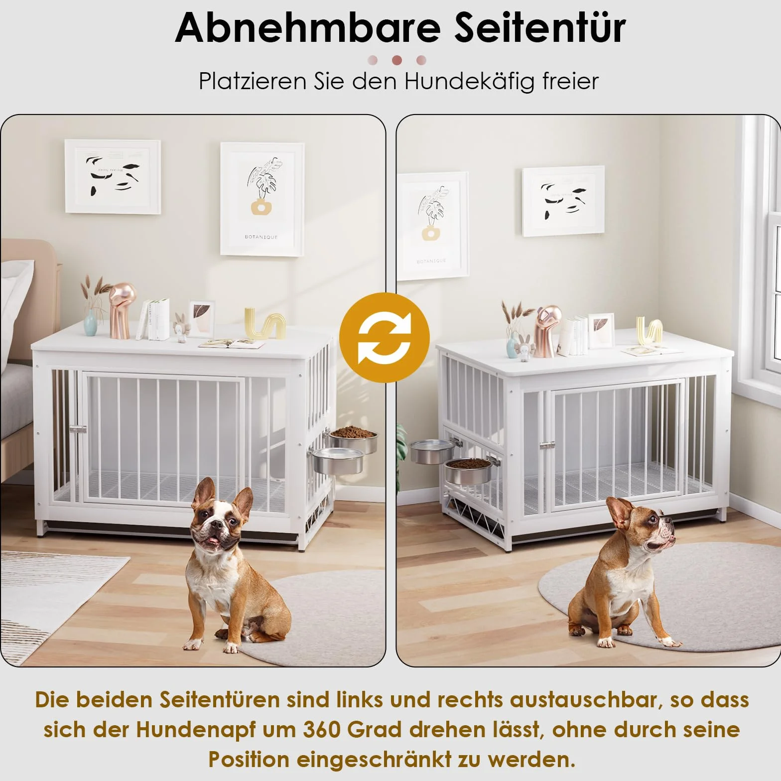 Jaulas para Perros, 93x64x58cm, Jaula Perro Grande para Casa de Madera, Dog Crate con 2 Comederos y Puertas para Perros, con Bandeja Extraíble, Jaula para Perros Medianos Pequeños hasta 40kg,Blanco