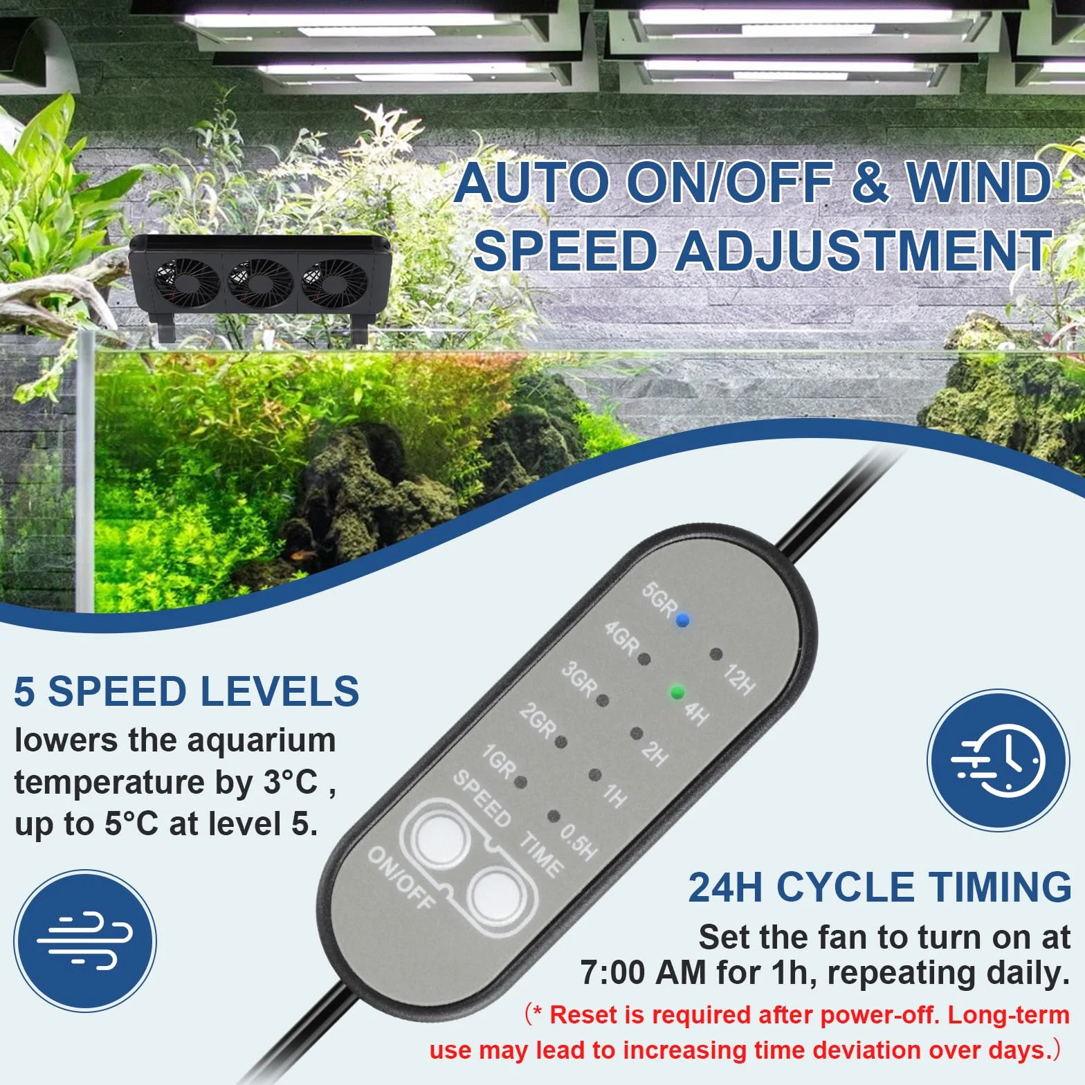 efuturetime Ventilador de Acuario, 6W, 5 Velocidades Ajustables, Bajo Ruido, Ventilador de Acuario de Pinza con Temporizador para Acuario de 50cm, 2 Ventilador