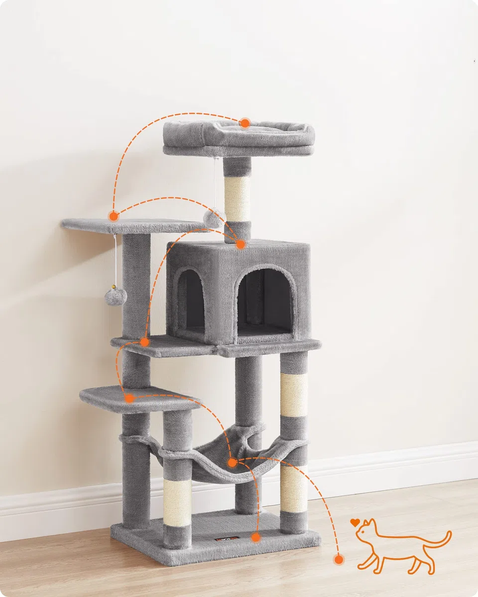 Feandrea Árbol para Gatos, Altura 112 cm, Torre de Gatos, con 4 Postes Rascadores, 2 Plataformas, 1 Cueva, 1 Hamaca, 2 Pompones, Tela de Felpa, Multinivel, Gris Claro PCT261W01