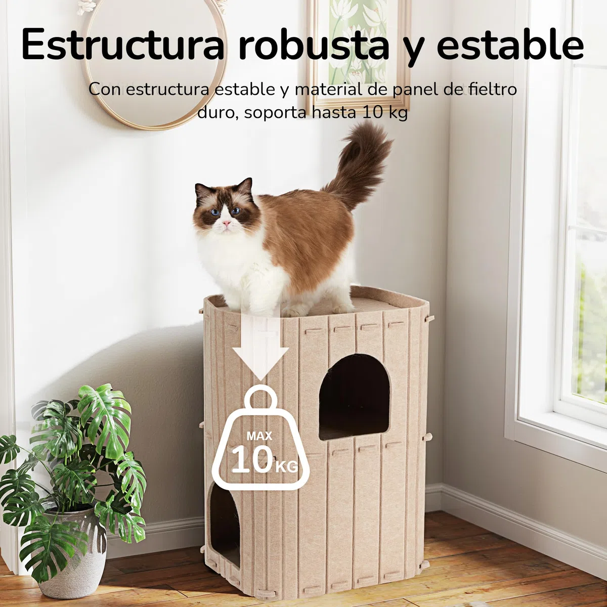 FUKUMARU Cueva Estable de Fieltro para Gatos, Cama de 3 Capas, para Dormir, Jugar y Esconderse, Beige, 45 x 37 x 60 cm, Grande, Beige