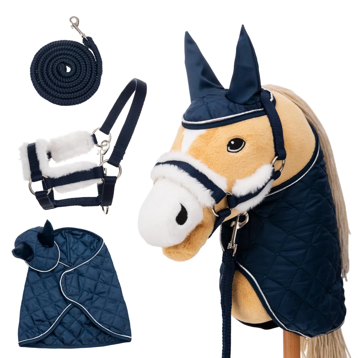 Juego de accesorios para caballos Hobby Horse – Cabestro con punto, manta y capucha en azul para caballos de hobby [certificado TÜV] – Ideal para juegos, entrenamiento y pequeños torneos