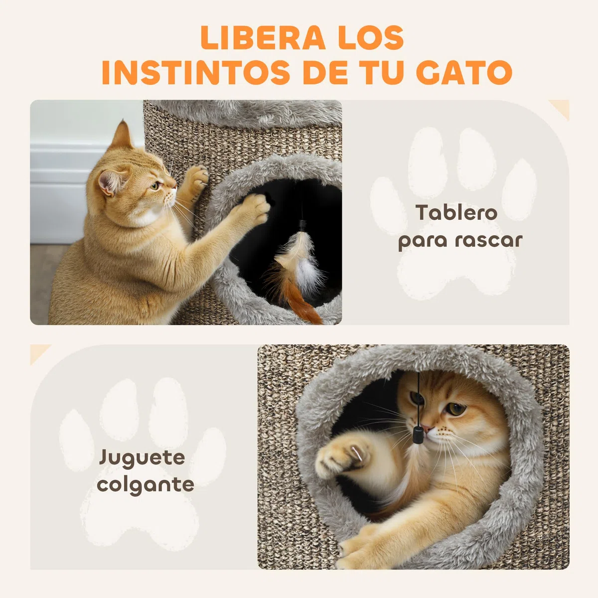 PawHut Casa para Gatos 3 en 1 Taburete, Reposapiés, Cama para Gatos con Rascador, Patas de Madera y Pluma Colgante, Cueva para Interior, 36x36x38 cm, Gris