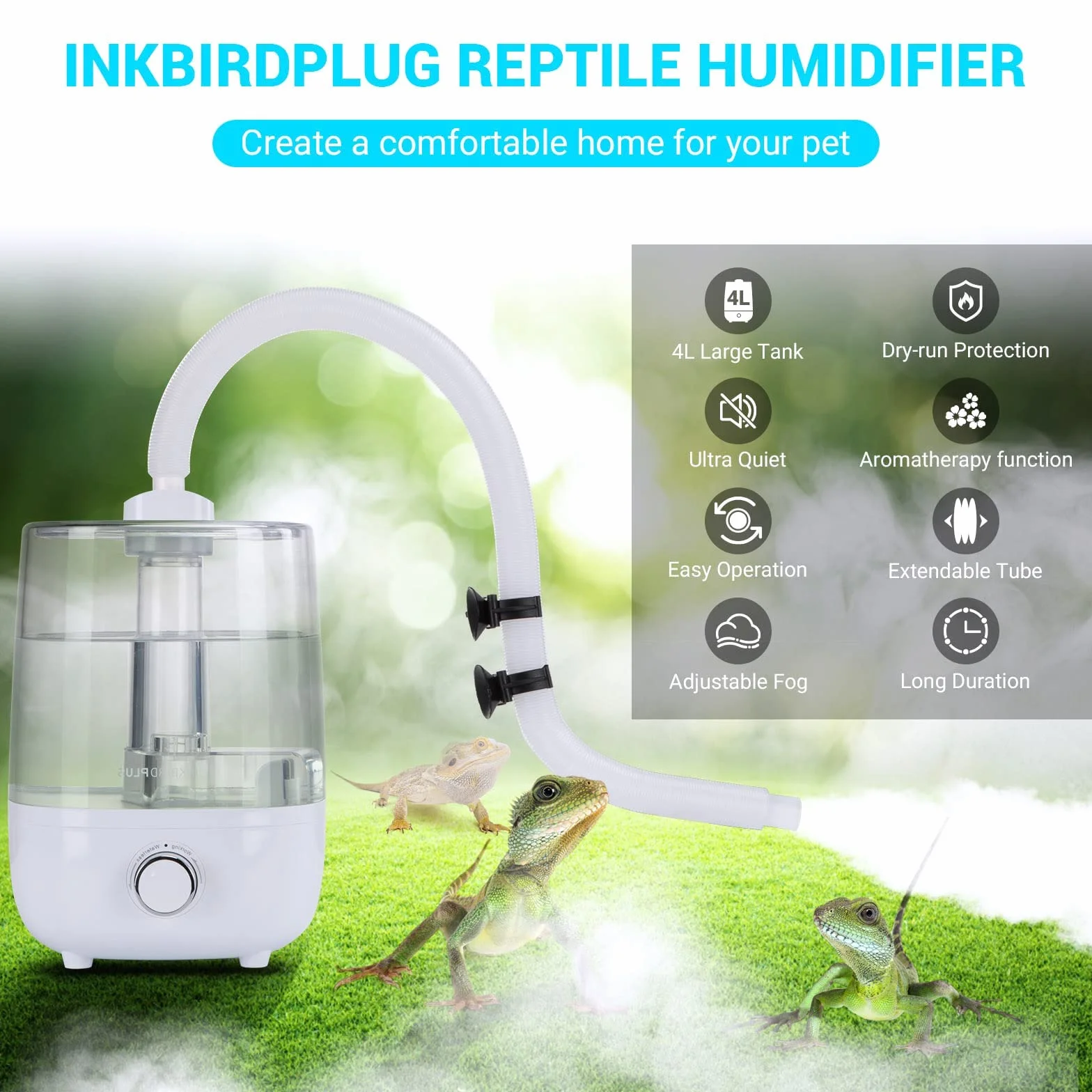Inkbird Humidificador para Reptiles, Nebulizador para Aumentar la Humedad, Humidificador Silencioso para Anfibios de Reptiles, Plantas Húmedas con 4L Gran Capacidad