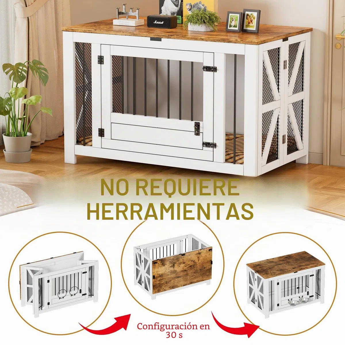 Mueble jaula grande para perros de 41,3", plegable, caseta de madera para perros (15,9-27,2 kg) con 2 cuencos, mesa auxiliar interior estilo granja