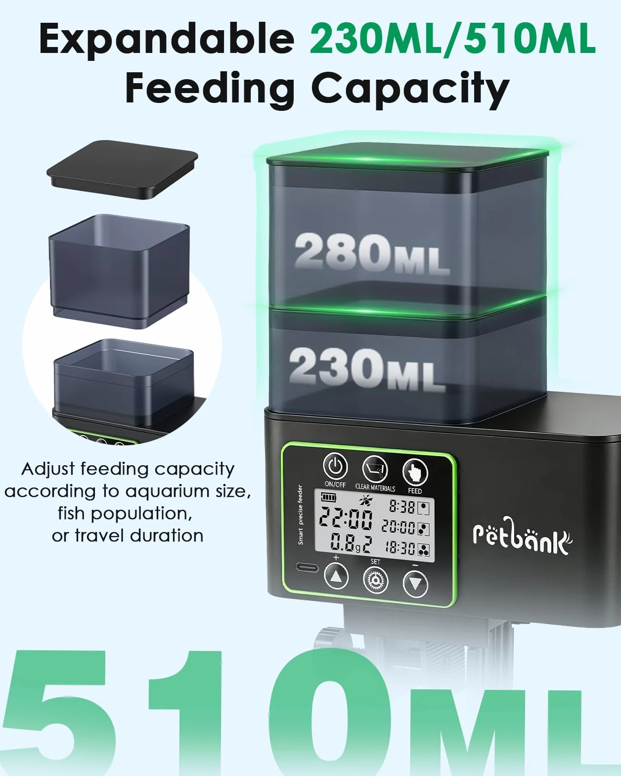 Comedero Automático para Peces - 230/510 ML Ajustable Temporizador para Acuario con Precisión 0.1-2g, Alerta de Falta de Comida, Limpieza Fácil, Antihumedad, Pantalla LCD, USB Recargable