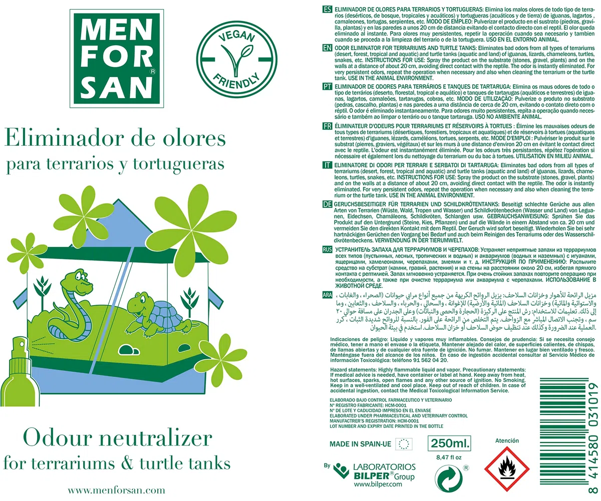 MENFORSAN Eliminador de olores terrarios | Elimina y Erradica los Malos olores | Fragancia Talco Natural | para el Entorno de Cualquier Reptil | 250 ml
