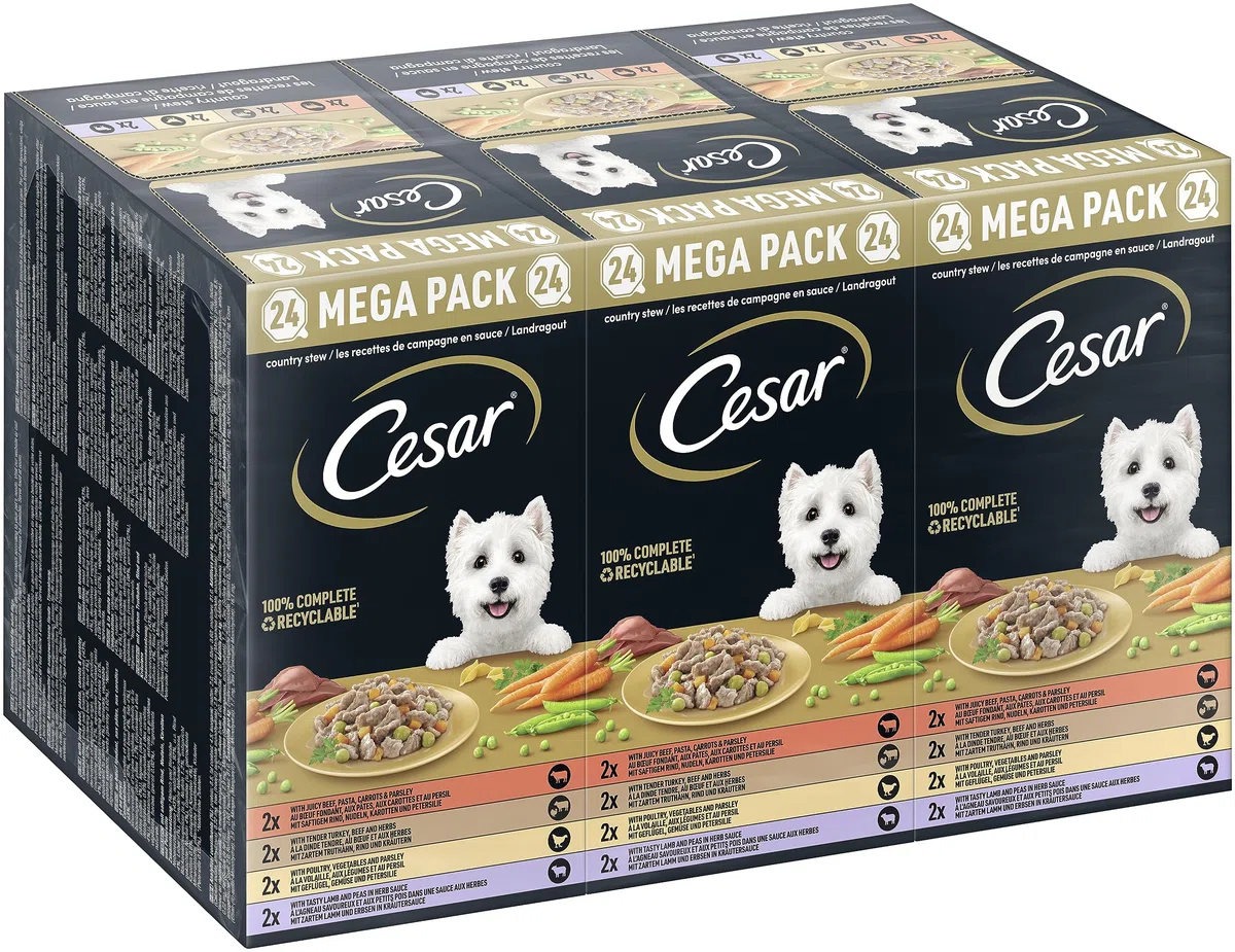 Cesar Megapack Landragout – Comida para Perros en el Cuenco – 4 variedades en Paquete múltiple – 24 x 150 g