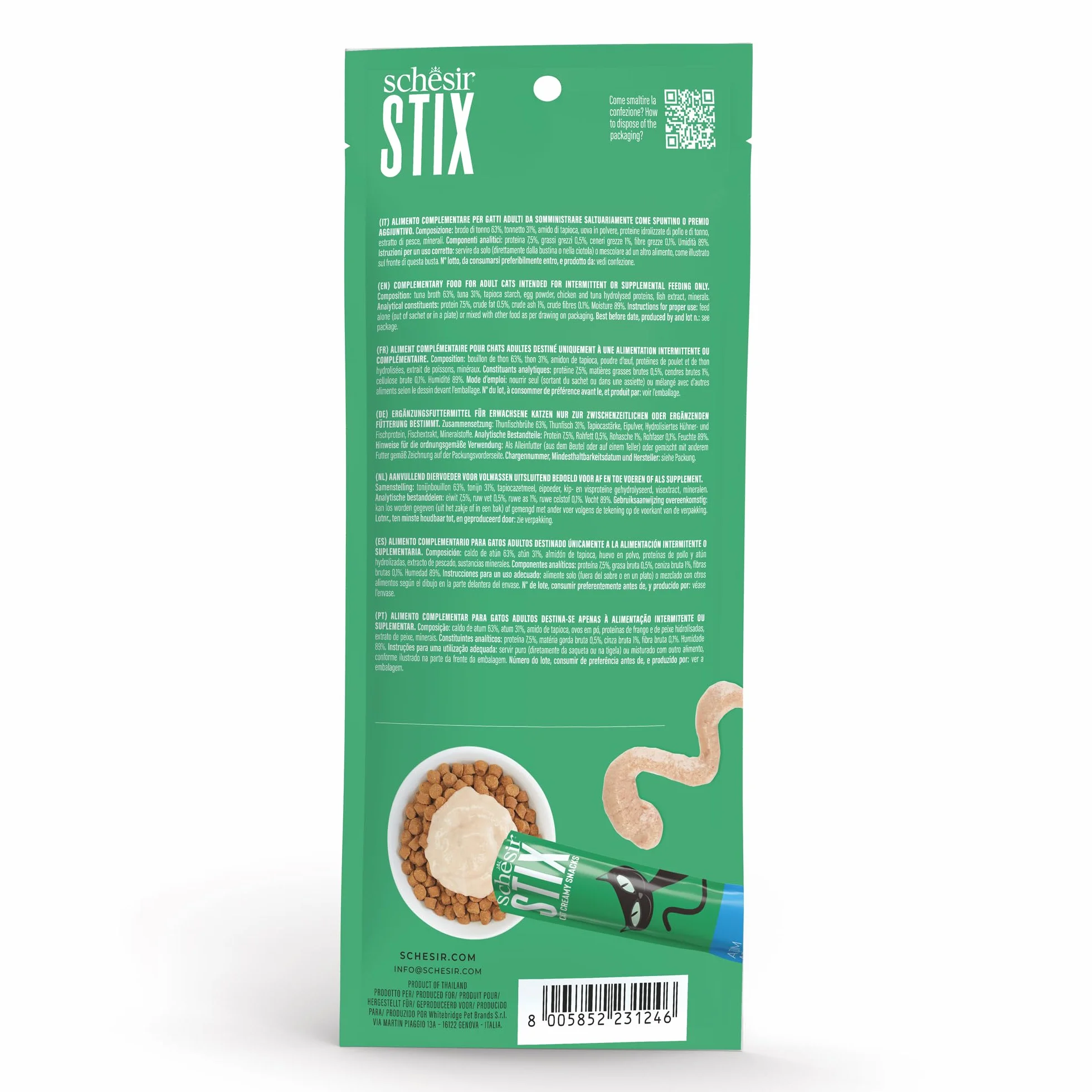 Schesir Stix, Snack Monodosis De Atún, En Crema, Suplemento para Gatos, Fuente De Hidratación, Sin Cereales, 12 X 15 G