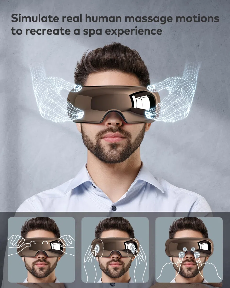 llano Masajeador de Ojos con Calor, Masaje Vibratorio, Bluetooth Integrado, 4 modos, Pantalla Translúcida, Diseño Ergonómico en 3D y Plegable (Glossy Brown)