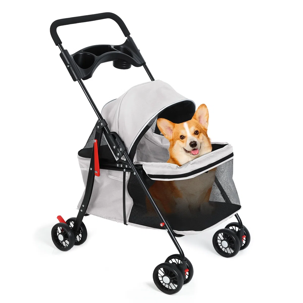 Cochecito para perros y gatos con portavasos, cochecitos plegables para perros pequeños, cochecitos medianos, cochecitos pequeños para mascotas, malla transpirable y visible, hasta 22 libras, color