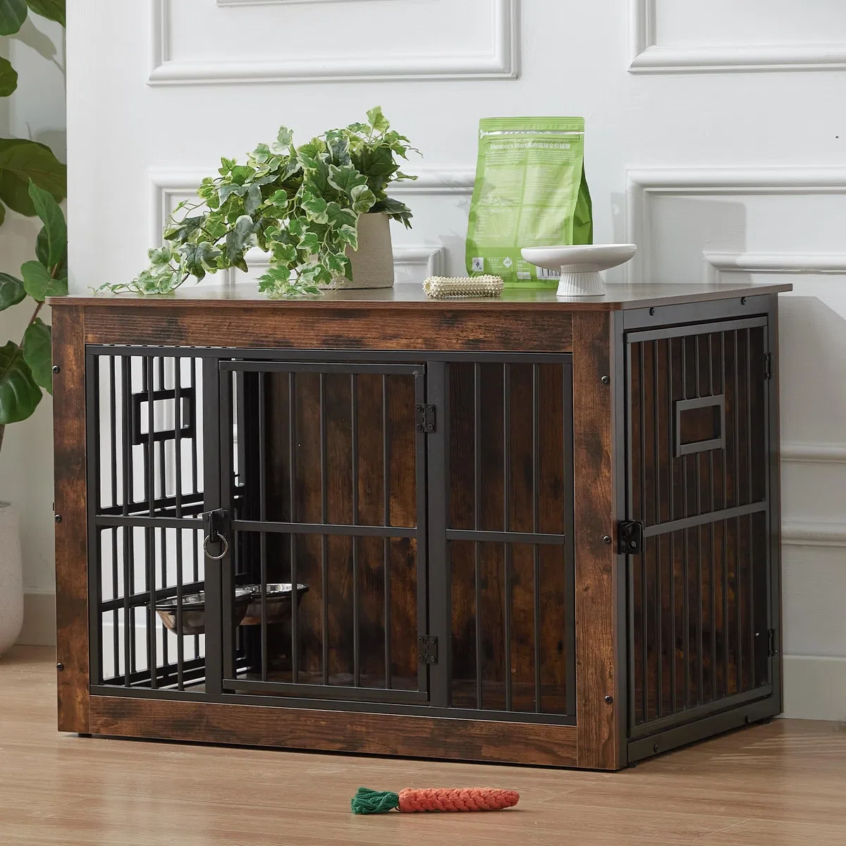 Gardner Pet 99cm Jaula para Perros, Jaula Perro Grande Mueble, con 3 Aberturas Superiores para Alimentación en Jaula para Perros de Madera, 3 Puertas, 99x65x69cm, Marrón