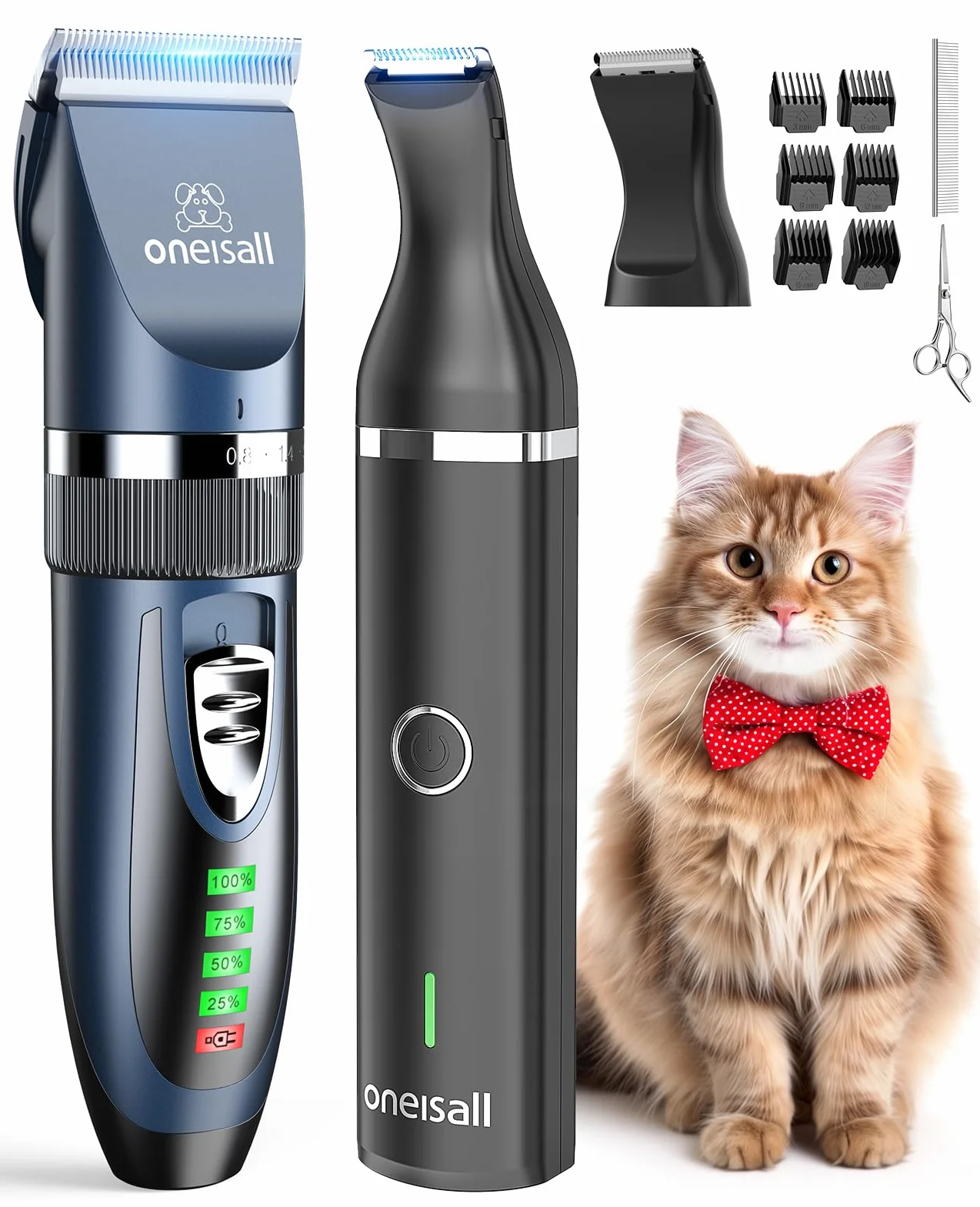 oneisall Kit de cortapelos para perros y patas de perro, 2 en 1, kit de aseo para mascotas, gatos, perros, silencioso, inalámbrico