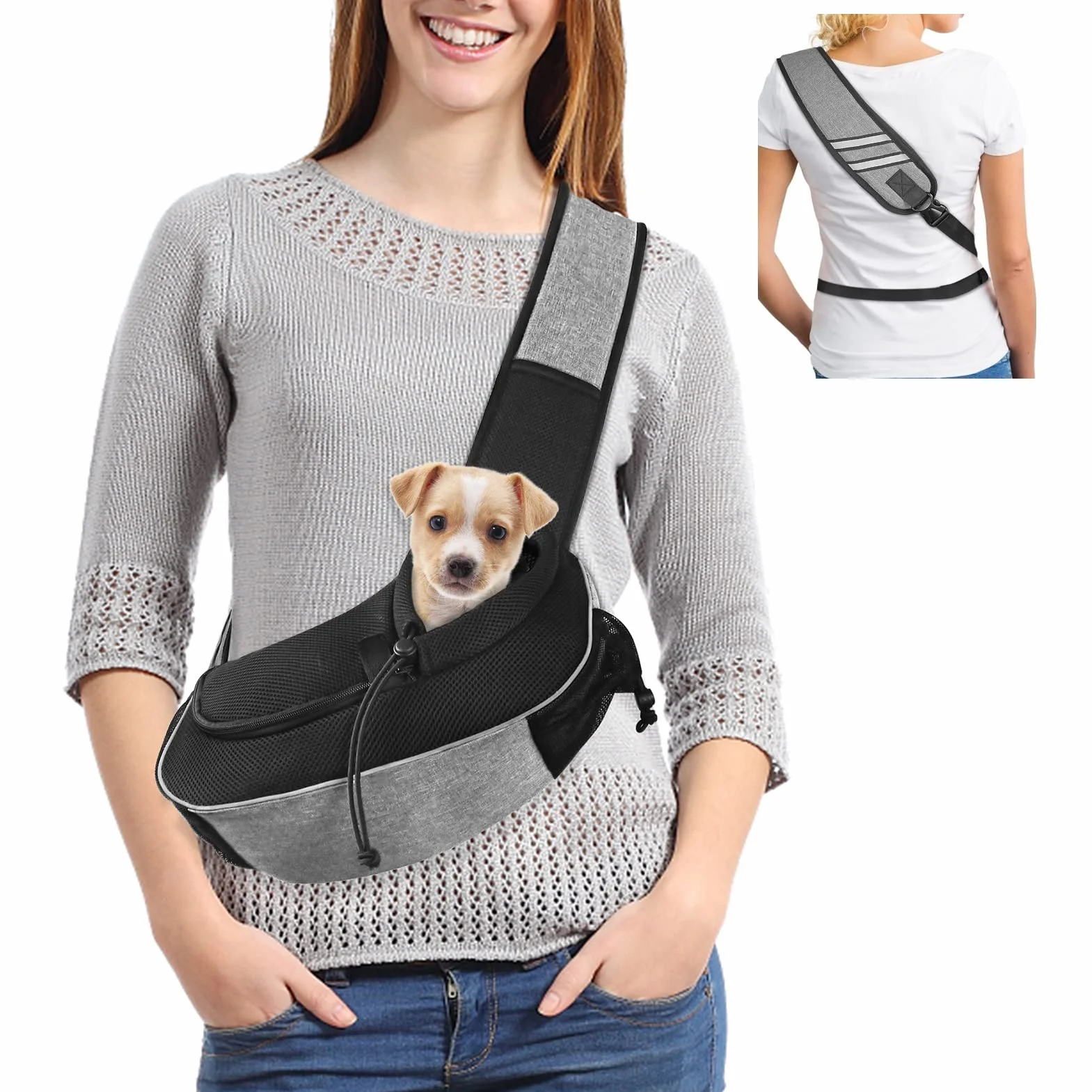 Gloppie Mochila para Perro con Correa para Mascotas Perros Pequeños, Bolsa de Viaje para Gatos, Bolsa Cruzada Cachorros, Manos Libres, Transpirables y Más Bolsillos Gris