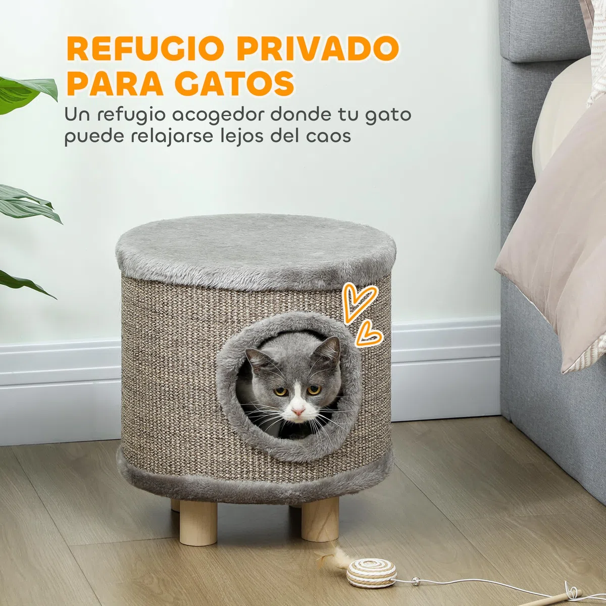 PawHut Casa para Gatos 3 en 1 Taburete, Reposapiés, Cama para Gatos con Rascador, Patas de Madera y Pluma Colgante, Cueva para Interior, 36x36x38 cm, Gris
