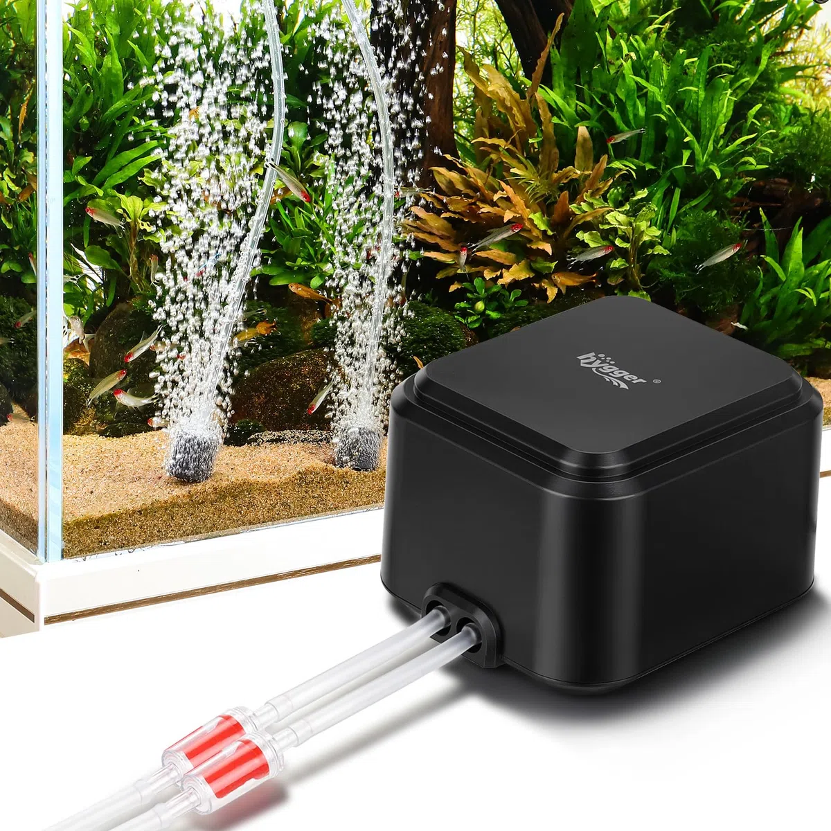 hygger Bomba de aire silenciosa para acuarios <30 dB, de oxígeno de bajo ruido ajustable para acuarios con 2 salidas de aire de ventilación silenciosa (3.5 Vatios, hasta 454 L)