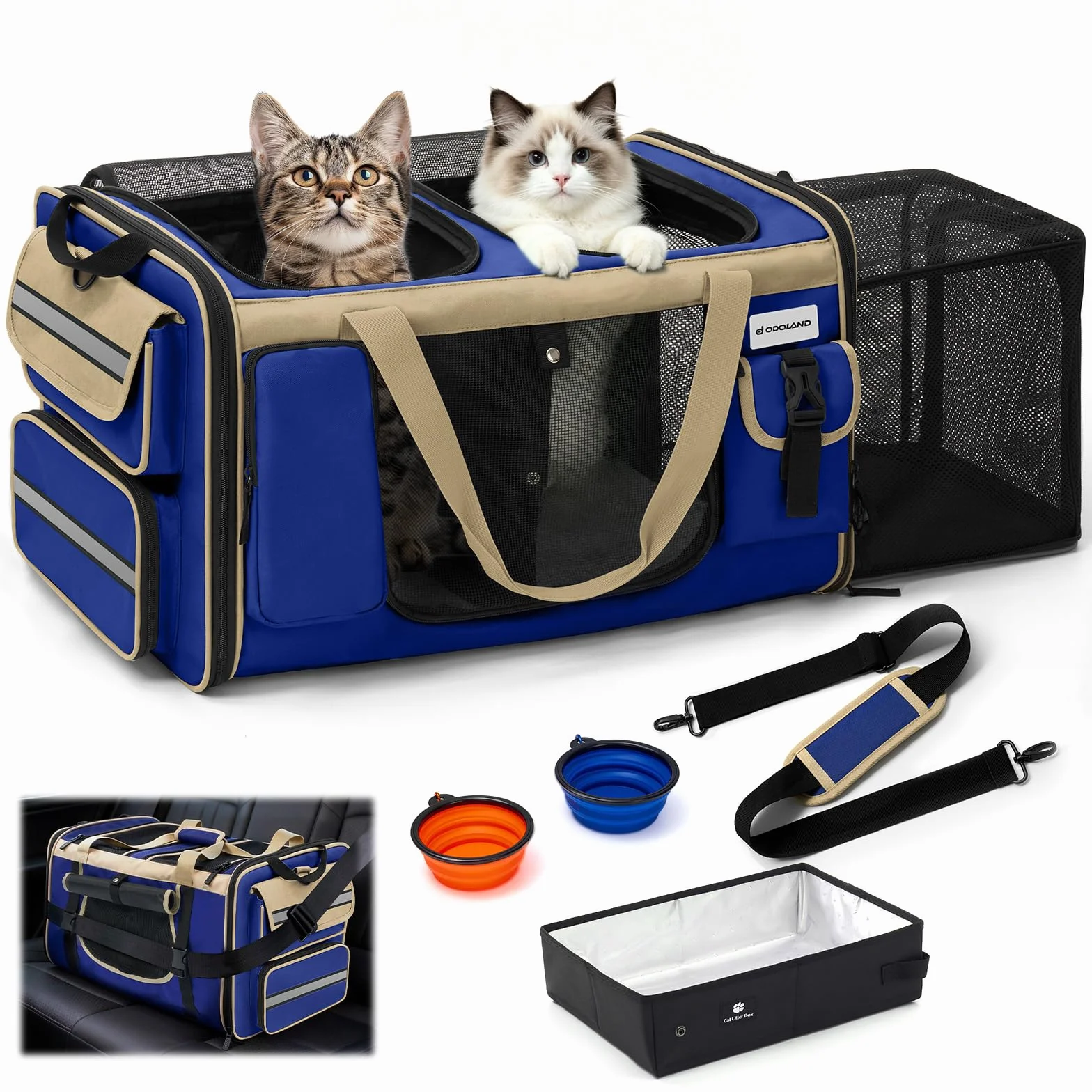 Odoland Transportín para 2 gatos – Bolsa de transporte plegable extensible para gatos grandes, transpirable, con correa para el hombro y caja de arena, ideal para viajes, coche – azul