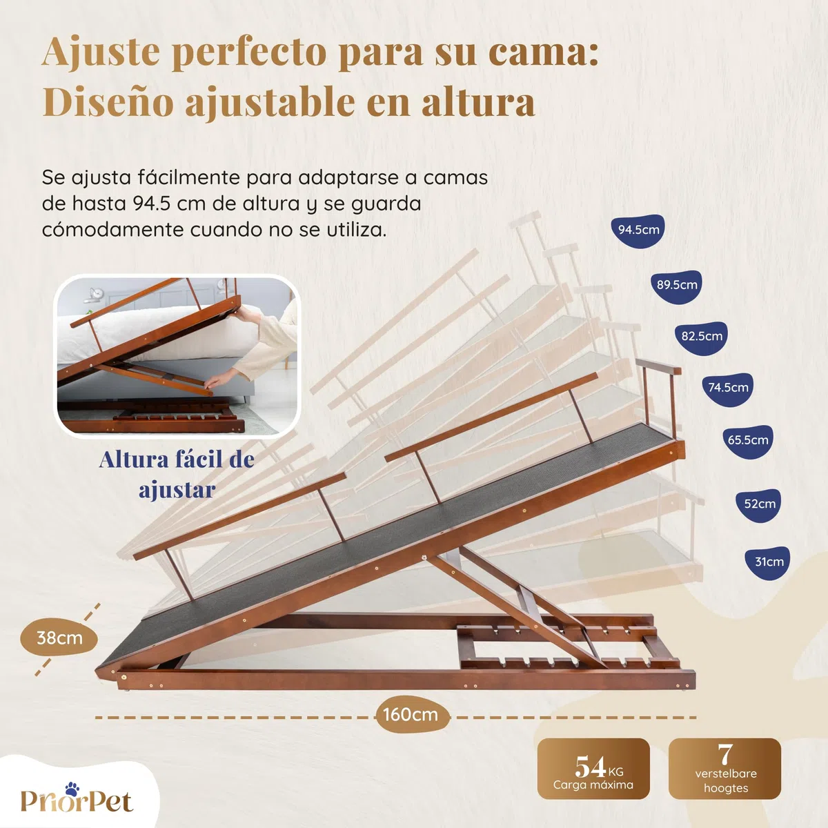 Rampa para Perros para Cama con Rieles de Seguridad PRIORPET - Madera de Abedul - Ajustable - para Camas Altas de hasta 94.5 cm - Plegable - Agarre Antideslizante - para Perros de hasta 23kg - Nuez