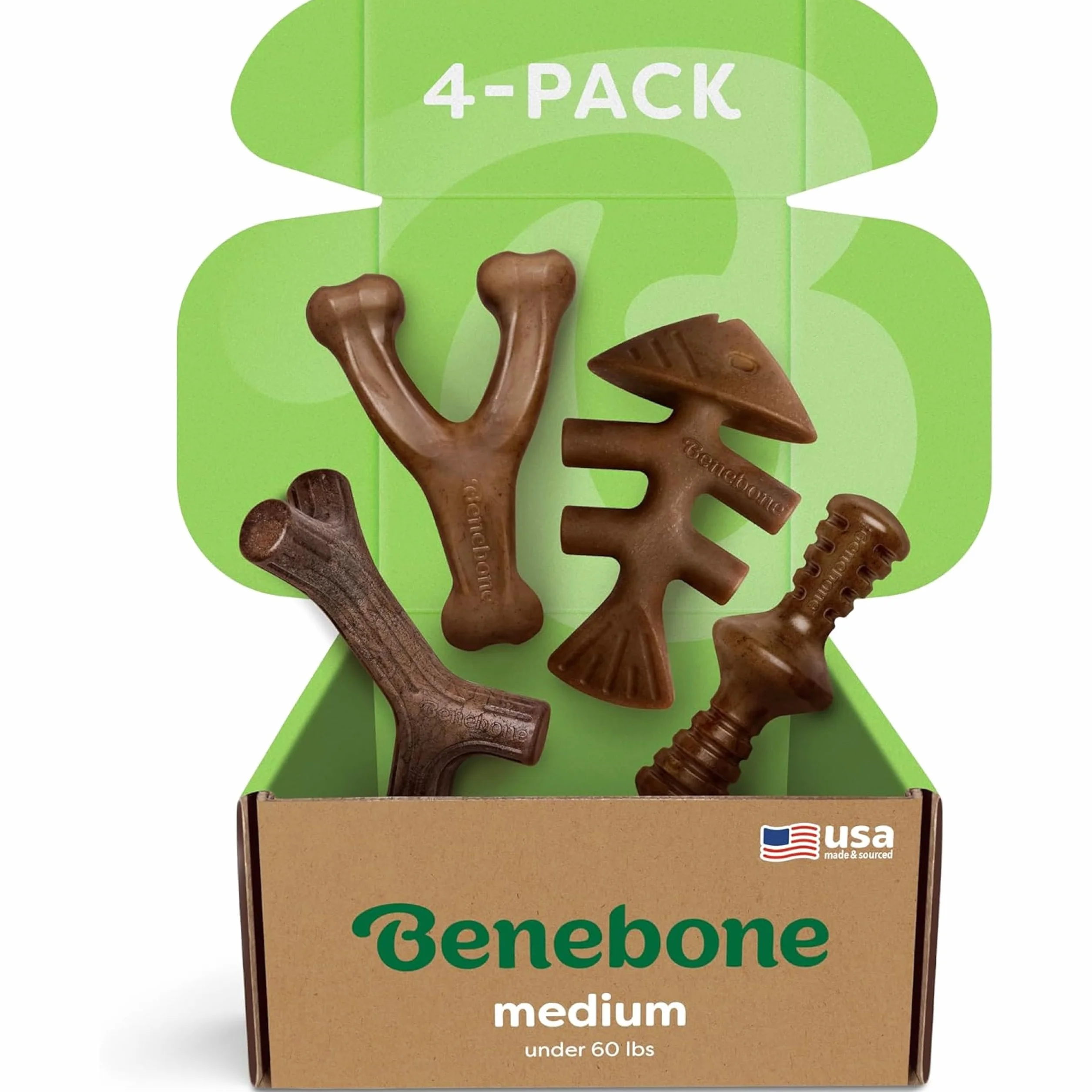 Benebone Caja de Juguetes masticables Duradera para Perros para masticadores agresivos con Hueso de Deseo, Espina de Pescado, Palo y zaggler, Mediano