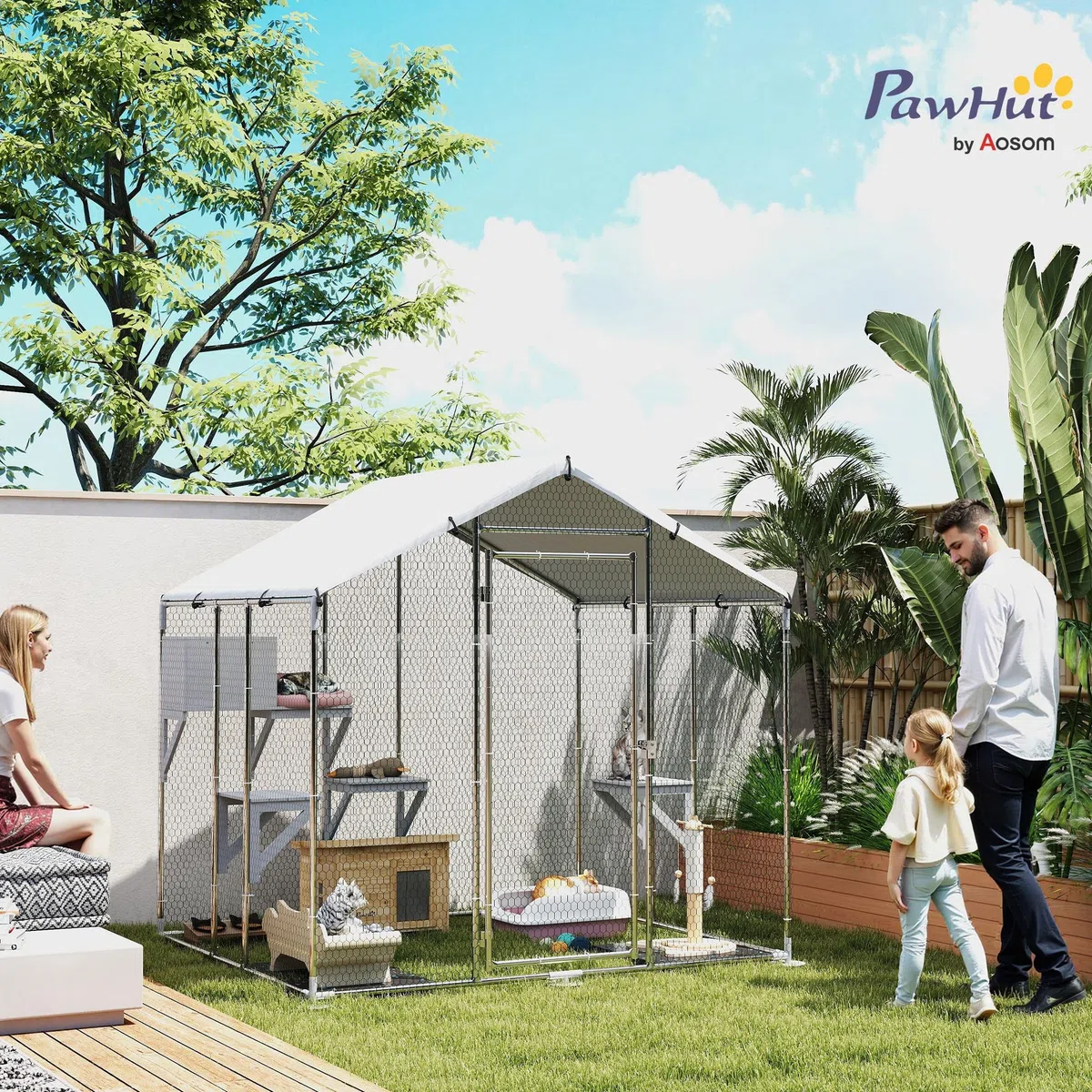 PawHut Jaula Grande para Gatos Exterior, Recinto para Gatos con 1 Casita, 3 Plataformas para Saltar, Cubierta Impermeable y Anti-UV, Parque para 5 Gatitos, Conejos, 200x170x195 cm, Plata