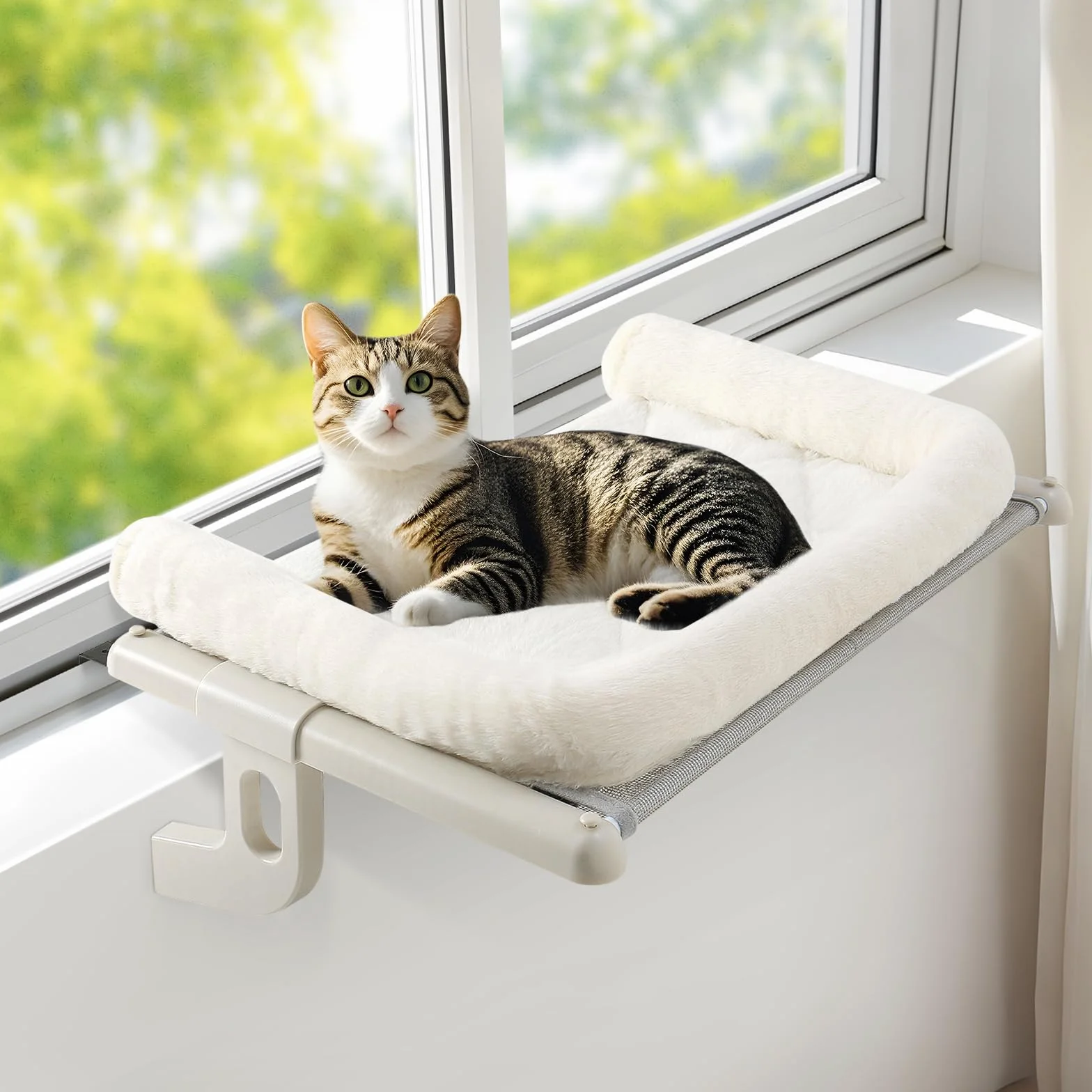 GUUSII HOME Hamaca Cama Gato Ventana para Amaca Camita Gatos Colgante de Interior Grande Ajustable Fácil de Montar y Mover Durable Sin Taladro Sin Succión 56 * 38cm Soporta hasta 18kg(Blanco,S)