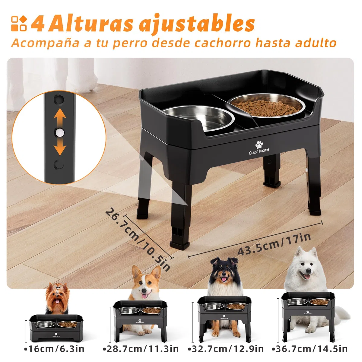 GUUSII HOME Comedero Perro Elevado Grande Bebedero Perro Soporte Cuenco Comederos Alto Para Grandes Elevador Bol Altura Ajustable 43.5*26.7*16/28.7/32.7/36.7cm 1600ml Acero Inoxidable Raised Dog Bowl