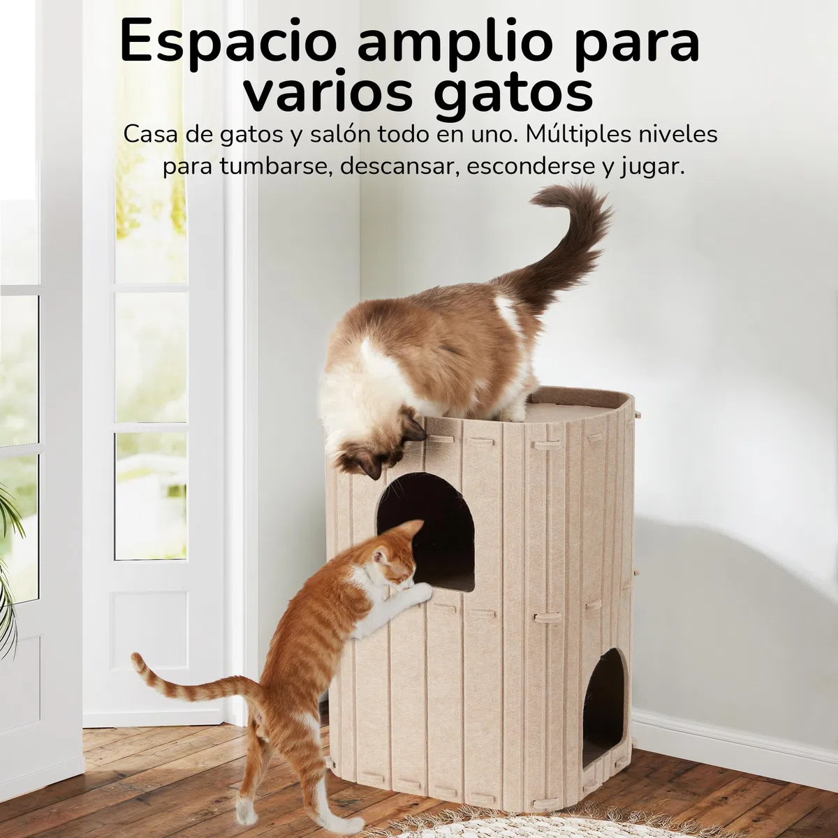 FUKUMARU Cueva Estable de Fieltro para Gatos, Cama de 3 Capas, para Dormir, Jugar y Esconderse, Beige, 45 x 37 x 60 cm, Grande, Beige