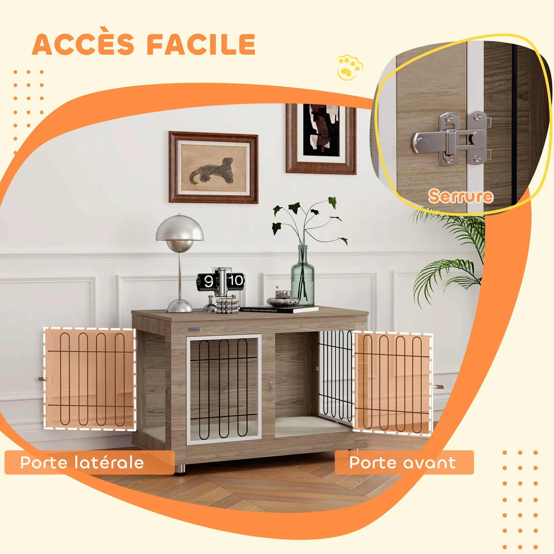PawHut - Jaula para perro, mueble de jaula para perro, interior, mesa auxiliar multiusos con doble puerta y cojín, para perro, tamaño mediano y grande, 90 x 58 x 65 cm, aspecto nogal