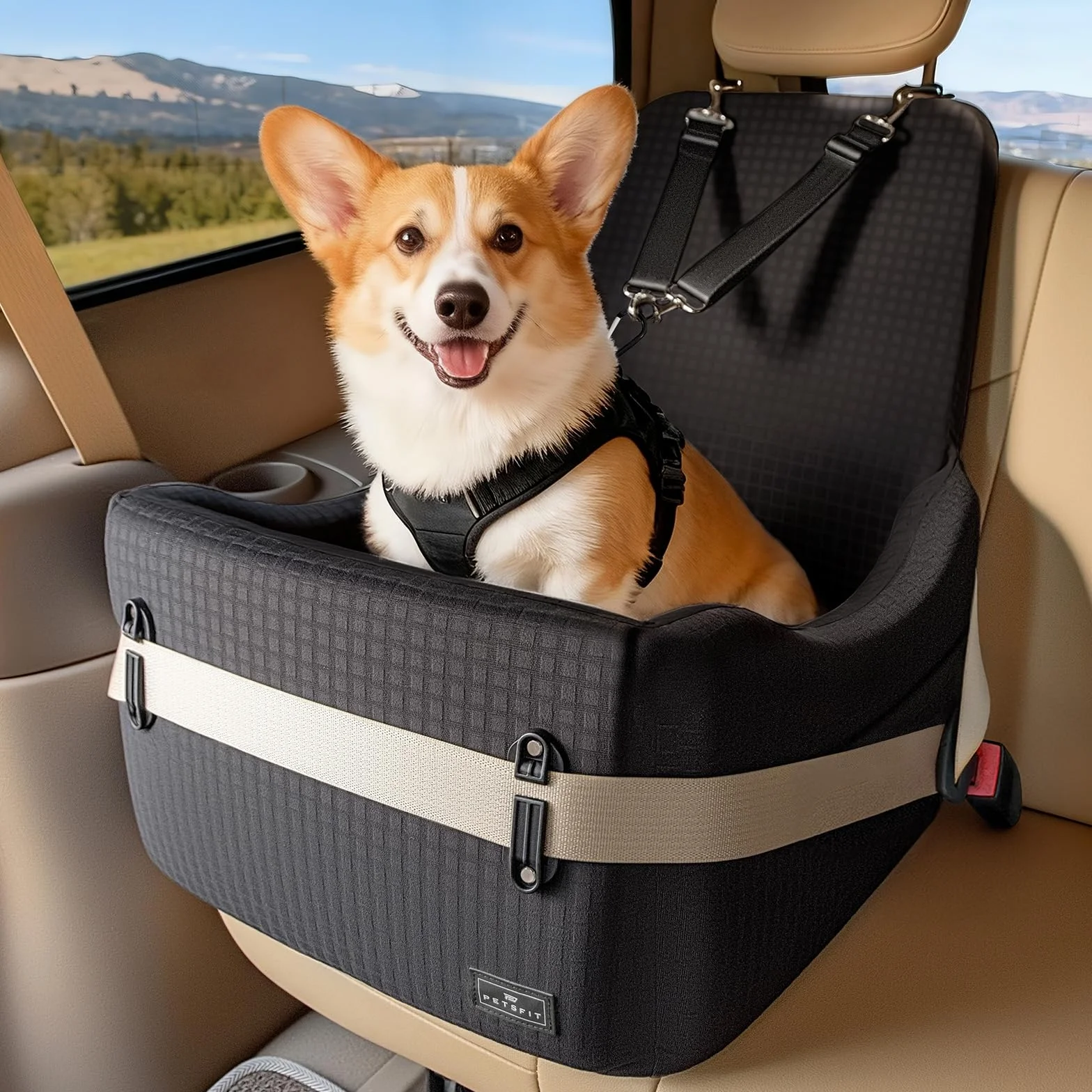 PETSFIT Asiento Elevado para Perros Pequeños/Medianos hasta 15 kg – Sistema de Seguridad Patentado, Cojín Viscoelástico de 13 cm, Desmontable y Lavable con 2 Bolsillos(Negro)