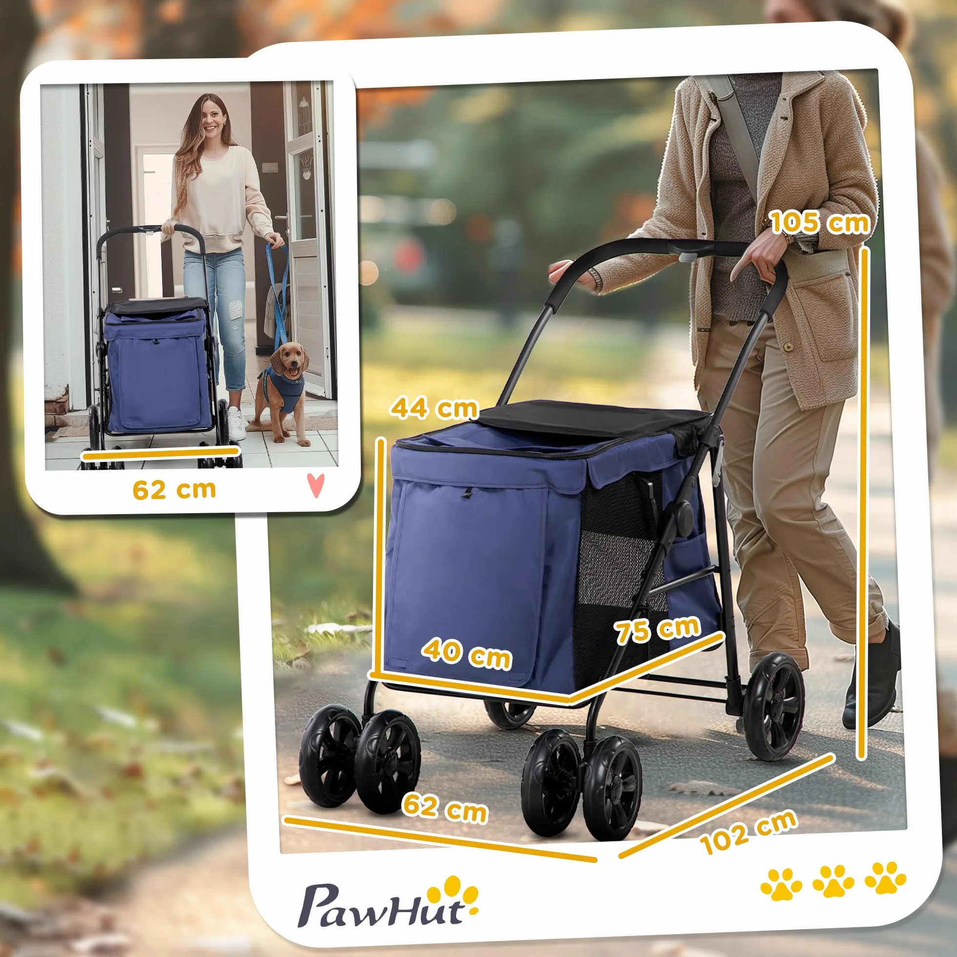 PawHut cochecito plegable para perros con cojín, carrito para gatos hasta 20 kg, para pequeños y medianos con bolsillos laterales, ventana de malla, tela Oxford, azul