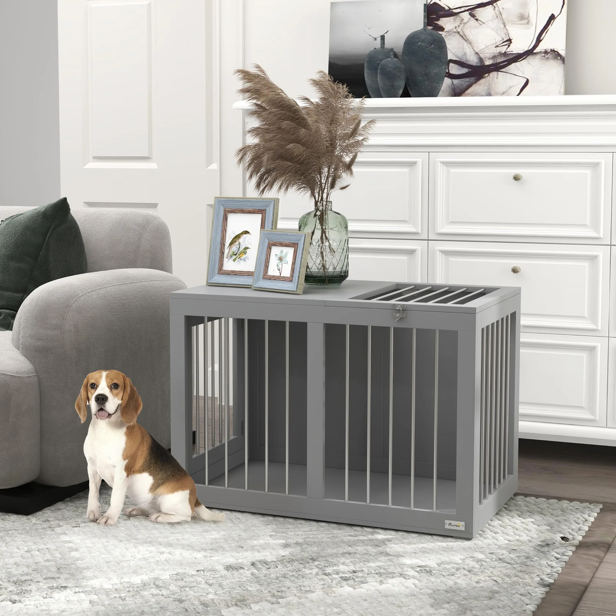 PawHut Caseta de interior para perros caseta para perros 2 puertas con cerradura buena ventilación mesa lateral 80 x 50 x 56,5 cm gris