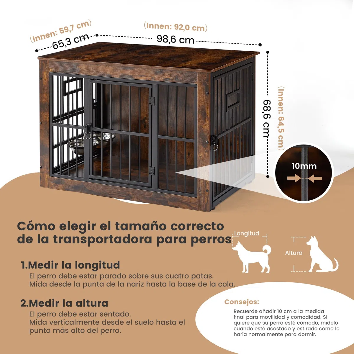 Gardner Pet 99cm Jaula para Perros, Jaula Perro Grande Mueble, con 3 Aberturas Superiores para Alimentación en Jaula para Perros de Madera, 3 Puertas, 99x65x69cm, Marrón