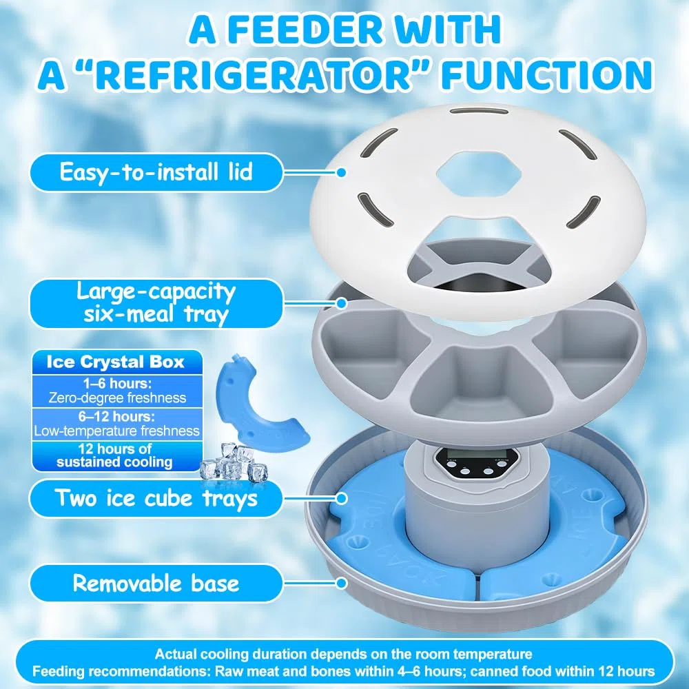 Comedero Automatico Gato, HOVCEH Dispensador para Comida Humeda Gato, Dispensador Comida Ga-to con Temporizador y 2 Paquetes de Hielo, 6 Comidas, El Temporizador se Puede Ajustar Libremente