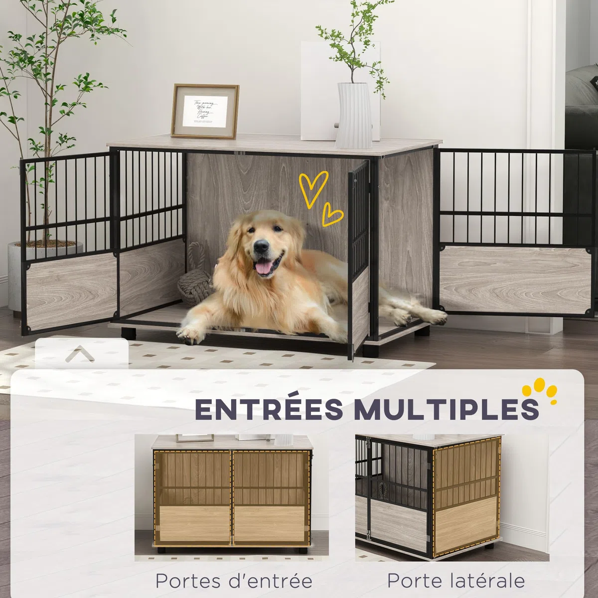 PawHut - Jaula para perro interior, mesa auxiliar, 100 x 60 x 68 cm, para perros hasta 30 kg, 3 puertas con cerradura, montaje fácil, aspecto madera negro