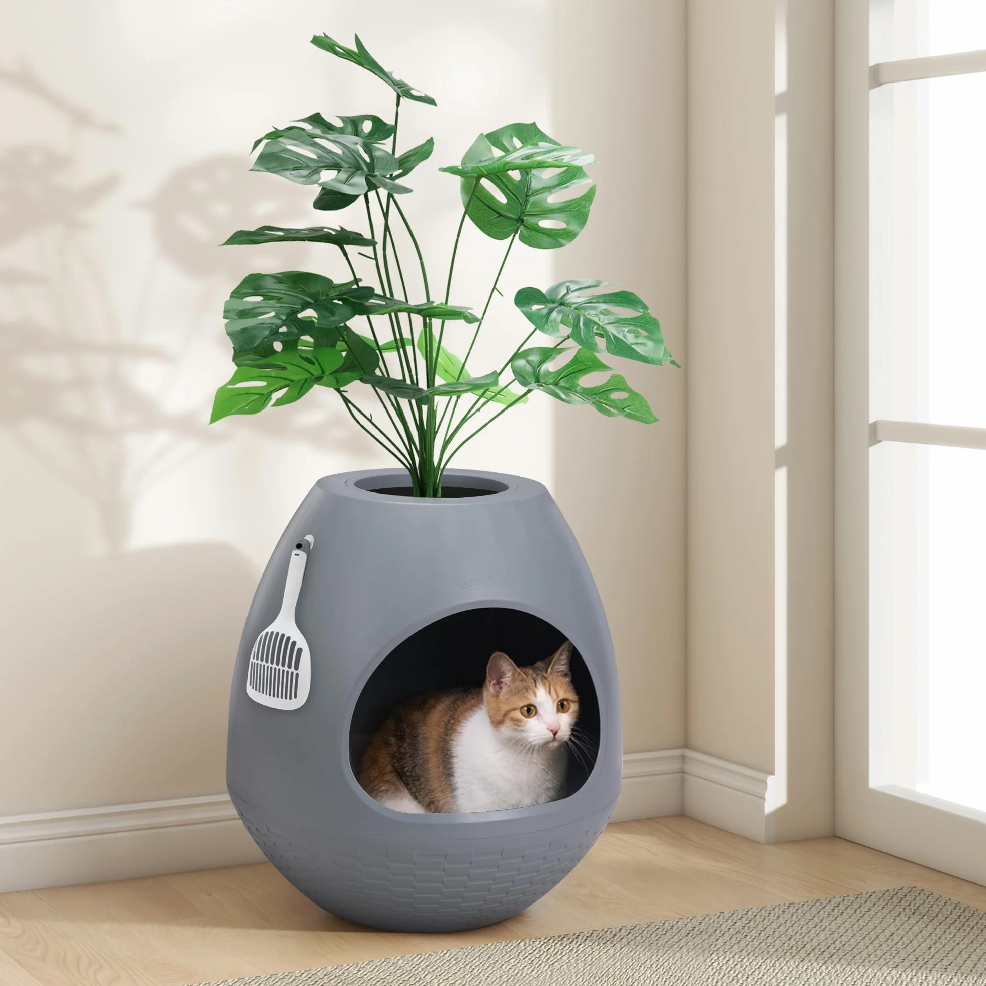 Arenero para gatos como maceta, caja de arena multifuncional con tapa y planta, arenero para gatos oculto, ideal para la mayoría de los gatos, la elección ideal para apartamentos y oficinas (gris)