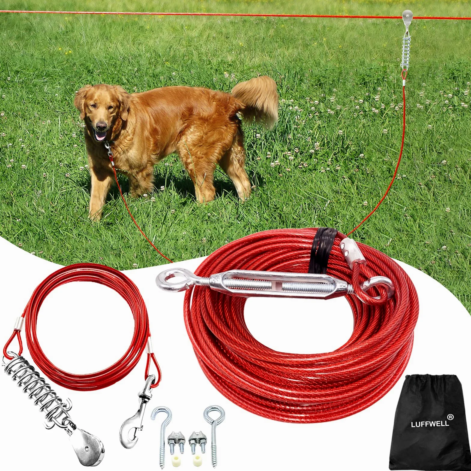 Corredores para Perros para Exteriores, 100 pies para Patio con Cable de Amarre para Perros de 15 pies, Correa Resistente para Perros Grandes, Sistema de Carrito con Cremallera para Perros,