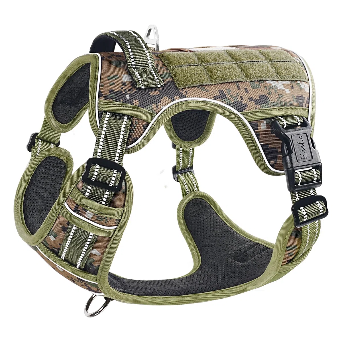 HEELE Arnés táctico para Perro, con Panel Molle, arnés para Perros pequeños, sin tirones, arnés Reflectante Acolchado Ajustable con asa para Entrenamiento y Caminar, Camo Verde, XL