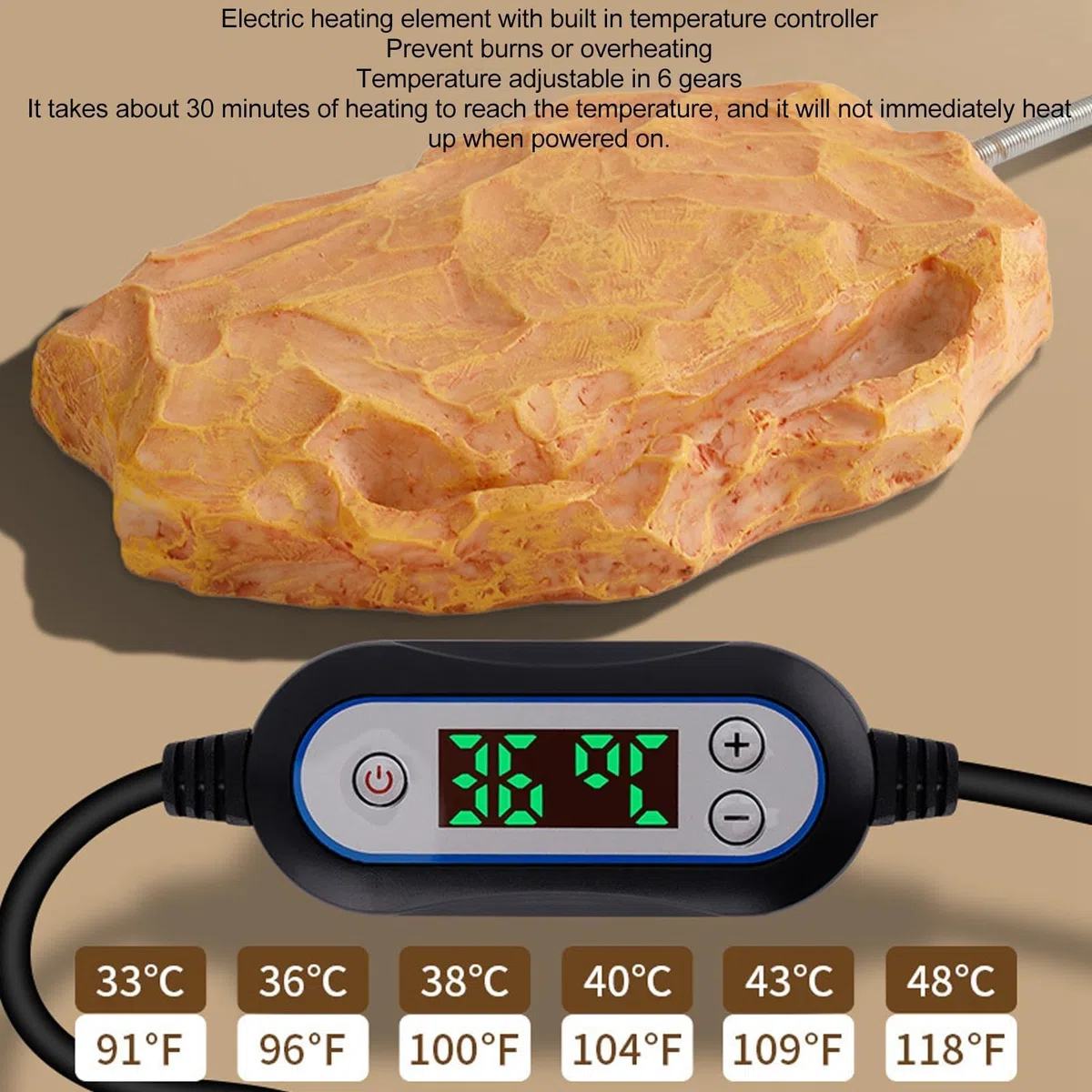 Calentador de Reptil genérico Calentador de Piedra calefactora controlada por Temperatura para lagartos, Tortugas, Serpientes, Tortugas, Geckos Leopardo con Piedra calefactora 12V