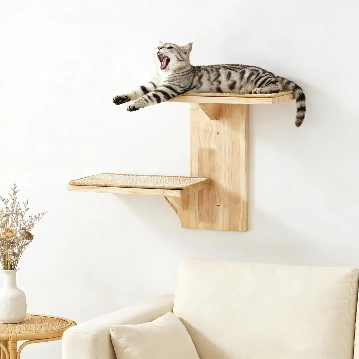 Pared de escalada para gatos con 2 plataformas, 42 cm, para gatos montados en la pared, con alfombrilla de sisal, estante de pared para escalada, jugar, arañar, color marrón