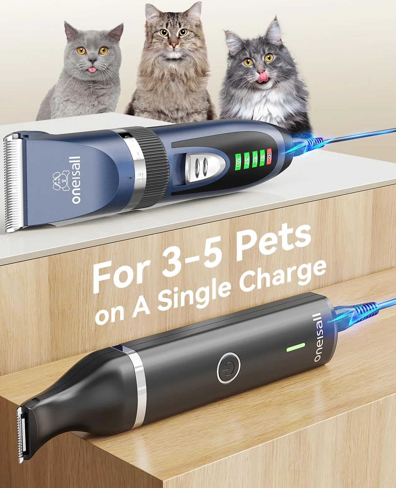 oneisall Kit de cortapelos para perros y patas de perro, 2 en 1, kit de aseo para mascotas, gatos, perros, silencioso, inalámbrico