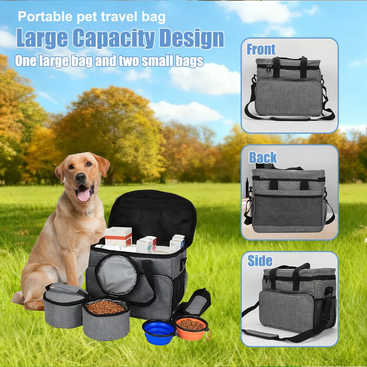 Bolsa de viaje para perros grande bolsa de viaje para perros, organizador de suministros para mascotas con 2 recipientes de comida y 2 cuencos plegables para perros y gatos, bolsa grande para