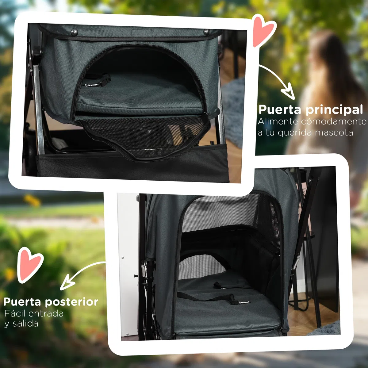 PawHut Carrito para Perros Plegable Cochecito para Perros Pequeños Cochecito para Mascotas con Mango Reversible Ventana de Malla Cesta y Cuerda de Seguridad Carga 10 kg 76,5x52x95 cm Gris