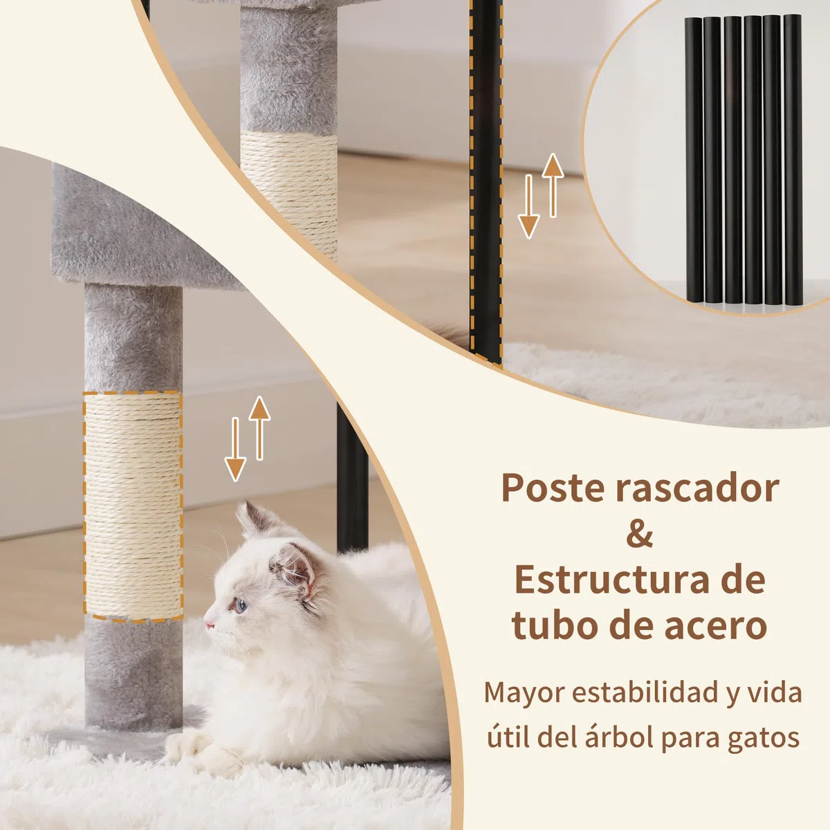 Heybly Rascador para Gatos, Árbol para Gatos De 125 Cm, Torre De Gato Espaciosa Y Cómoda con Guarida, Dos Grandes Plataformas, Cesta, Robustos Tubos De Acero, Gris Claro HCT200SW-