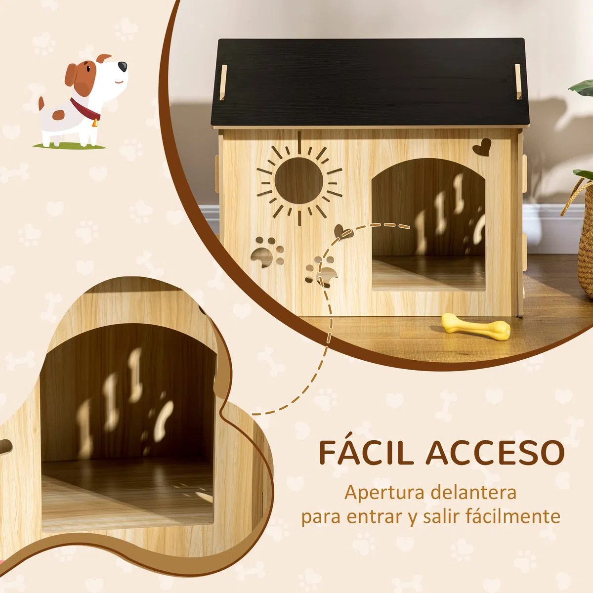 PawHut Caseta de Madera para Perros Pequeños Casa para Mascotas Interior con Puerta Delantera de Forma de Sol Corazón Pata 69x50x58,5 cm Roble