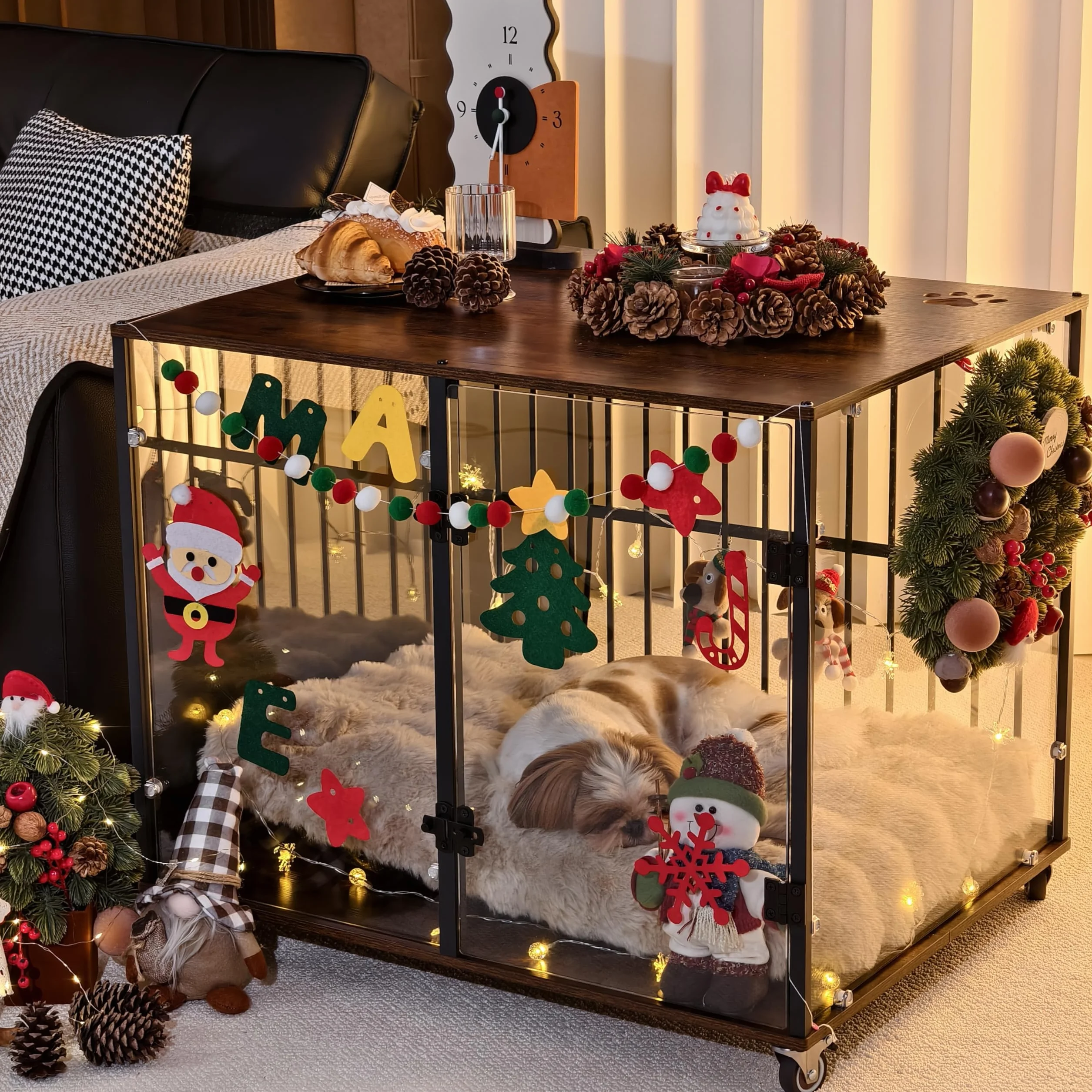 Bingopaw Jaula para Perros Mediano Mueble 77x60x65cm Jaula Perros Transparente de Vidrio Templado Resistente a Las Mordidas y Duradera con Hierro Fuerte Anticorrosivo y Superficie de Mesa