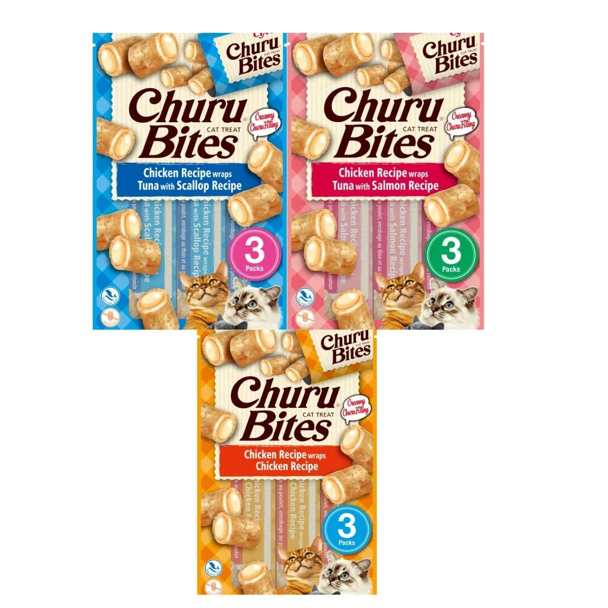 Churu Bites Gatos Mezclas | Snacks Blandos | Ayuda a la Hidratación | (12x3x10Gr, 4X Pollo 4X Salmón 4X Atún)