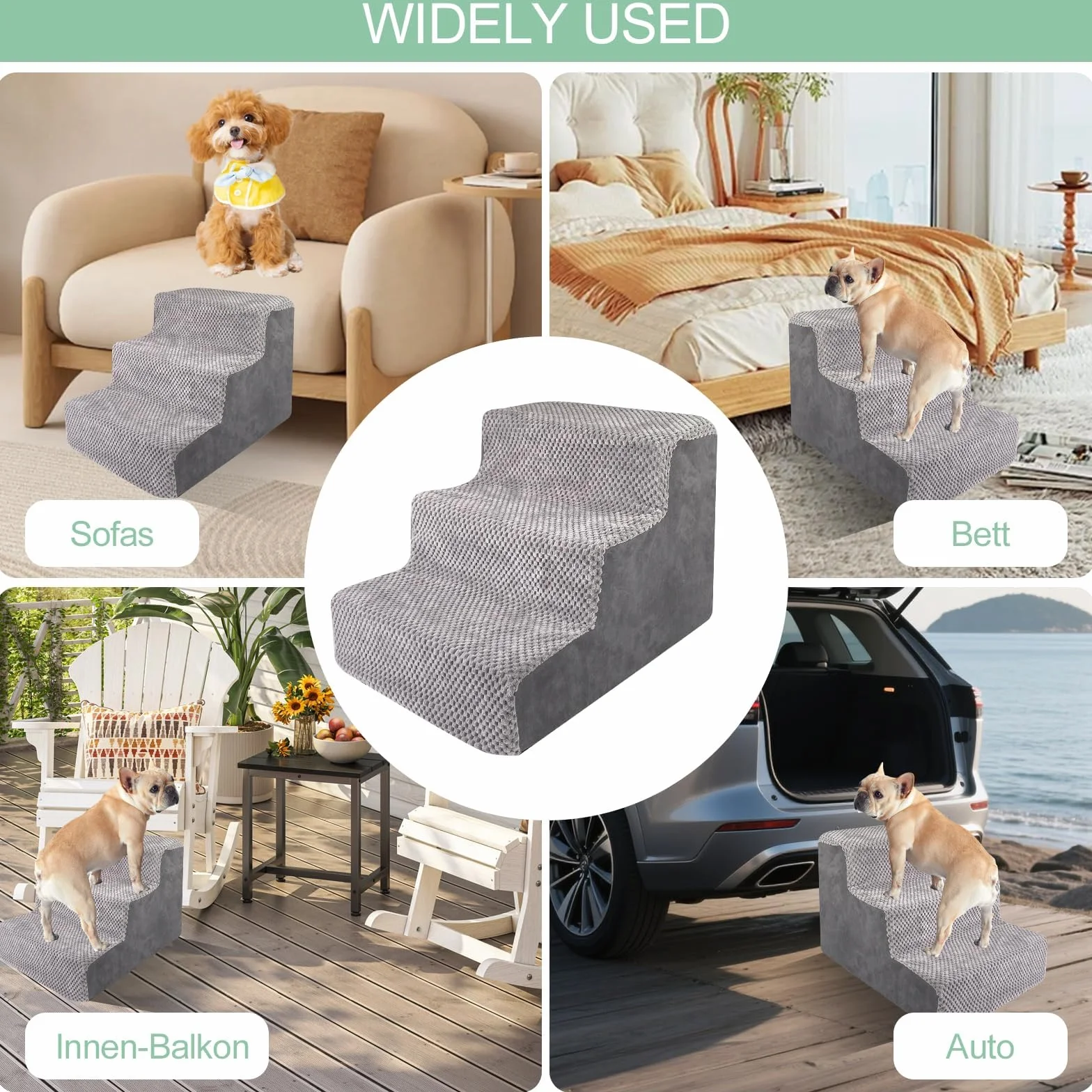 Rampa para Perros, Escalera para Mascotas de Espuma de Alta Densidad, Escaleras de 3 Peldaños con Funda Extraíble y Lavable, Escalones para Gatos Viejos y Perros para Cama, Sofá, Gris