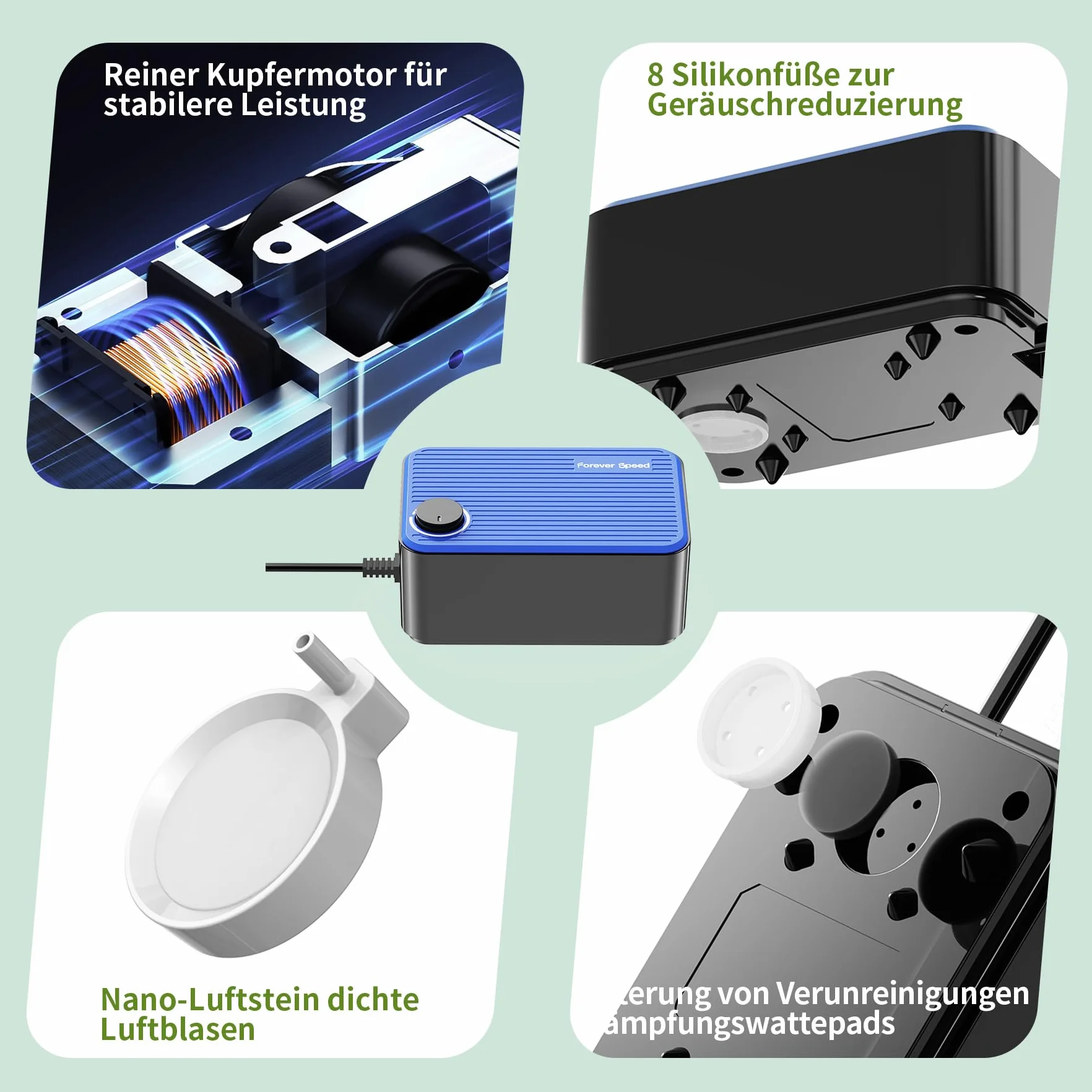 Forever Speed Bomba de Aire para Acuario Ultra Silencioso＜40 dB, 8W Ajustable Oxigenador Acuario con Accesorios hasta 600L, Bomba Aire Acuario con 2 Tomas