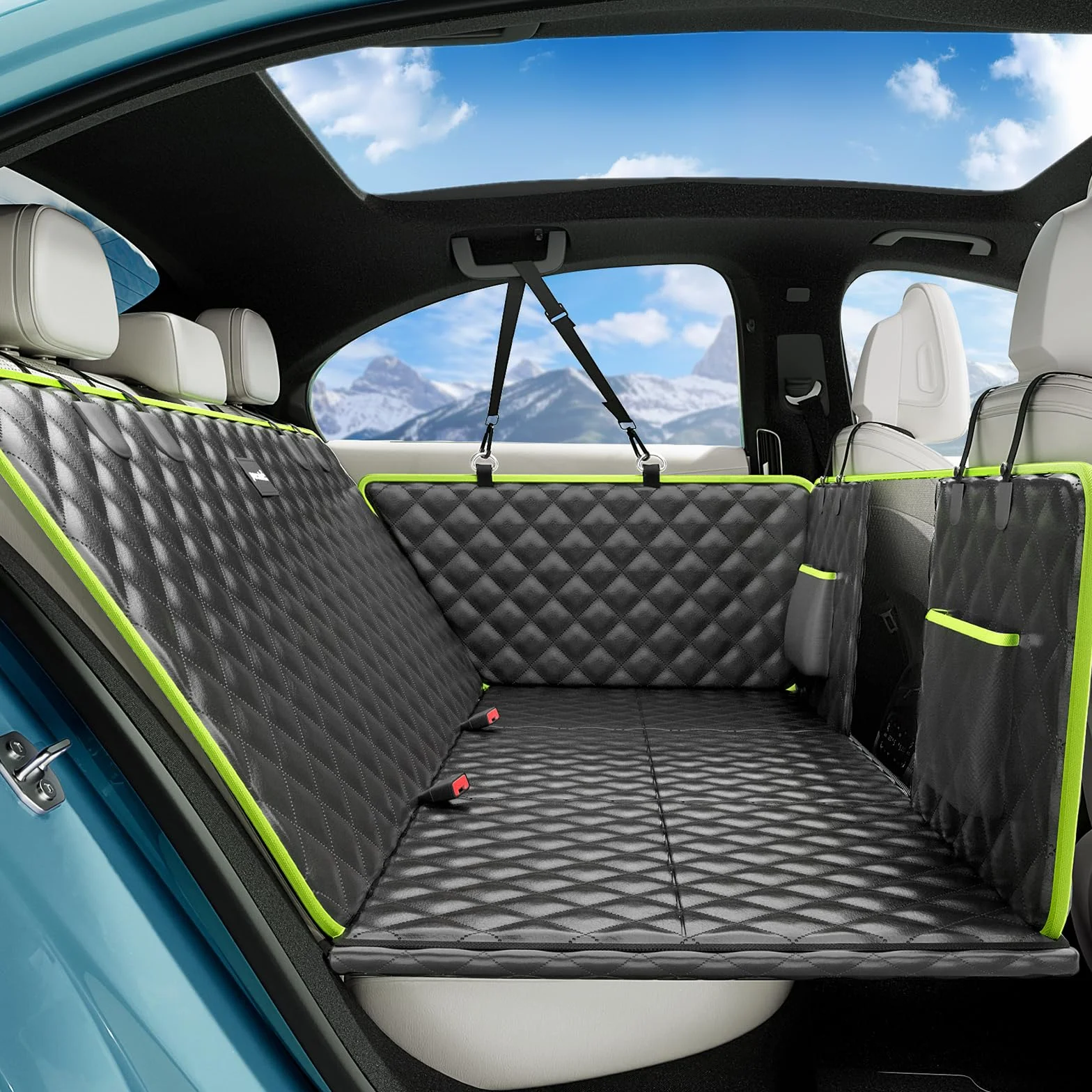 Pecute Funda Coche Perro con Fondo Duro para Asiento Trasero, Súper Impermeable, Fácil de Limpiar, Fácil de Guardar y Ahorra Espacio, Antirayaduras, Textura Sofá, hasta 150 kg