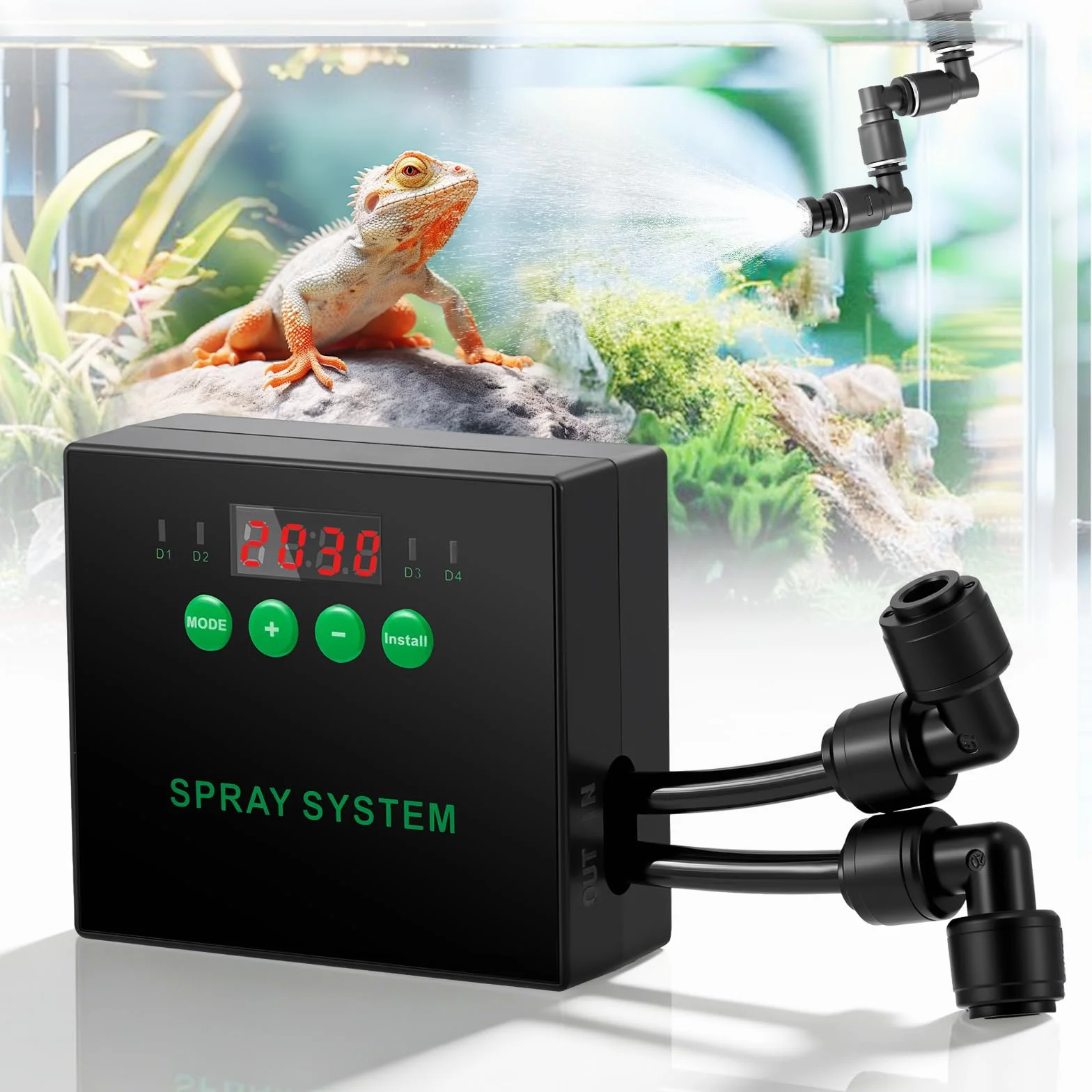 Sistema inteligente para reptiles, humidificador de reptiles, sistema de niebla para terrario con boquillas de pulverización de 360° y temporizador para flores/selva/reptiles/anfibios/plantas