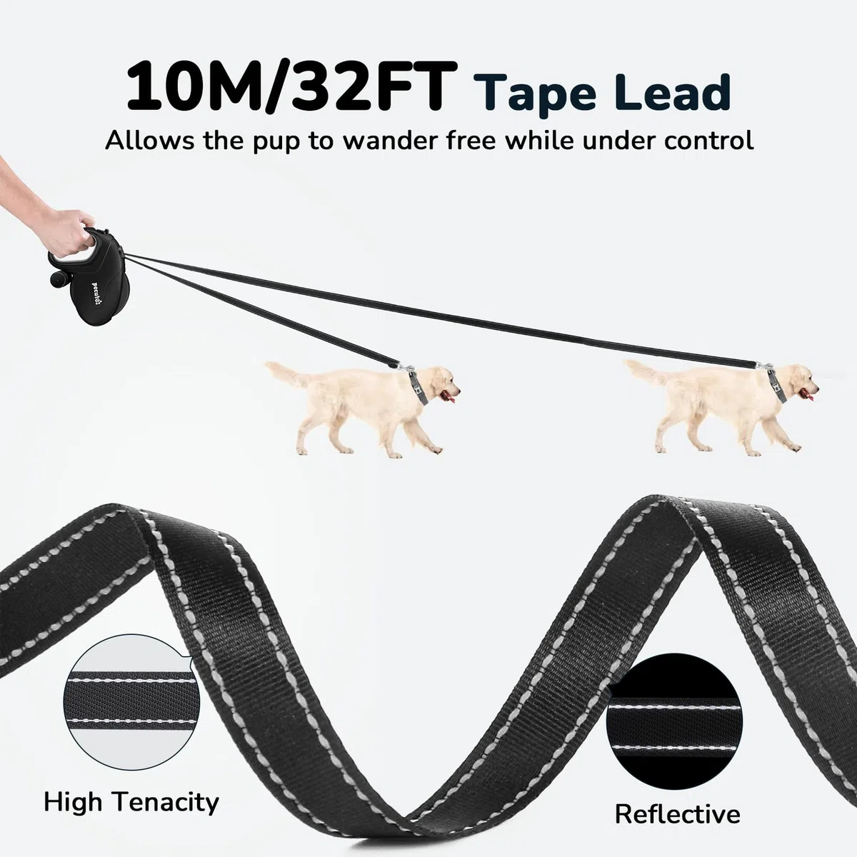 Pecute Correa Perro Extensible/Retráctil 10M, hasta 50KG, Correas con Bandas Reflectantes para los Paseos Diarios del Perro|Perros Accesorios